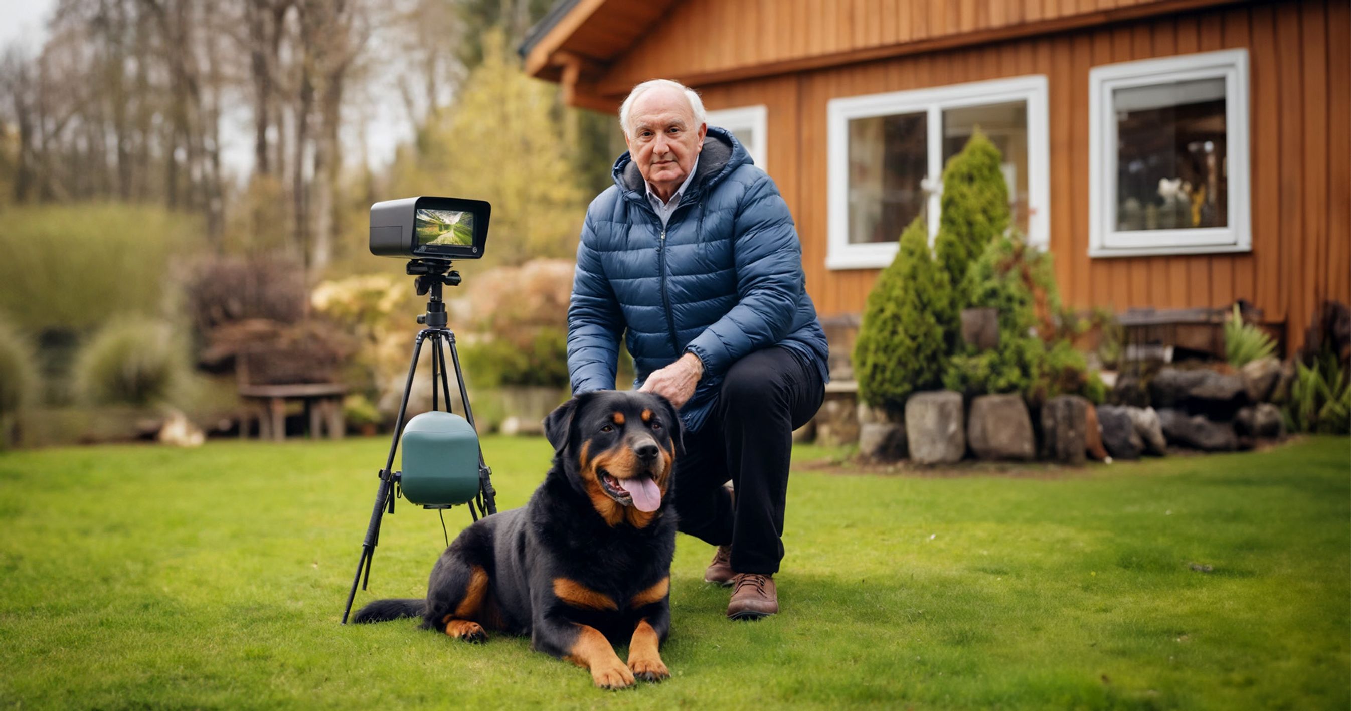 Mand sidder på græsplæne foran sit hus med en hund og et overvågningskamera.