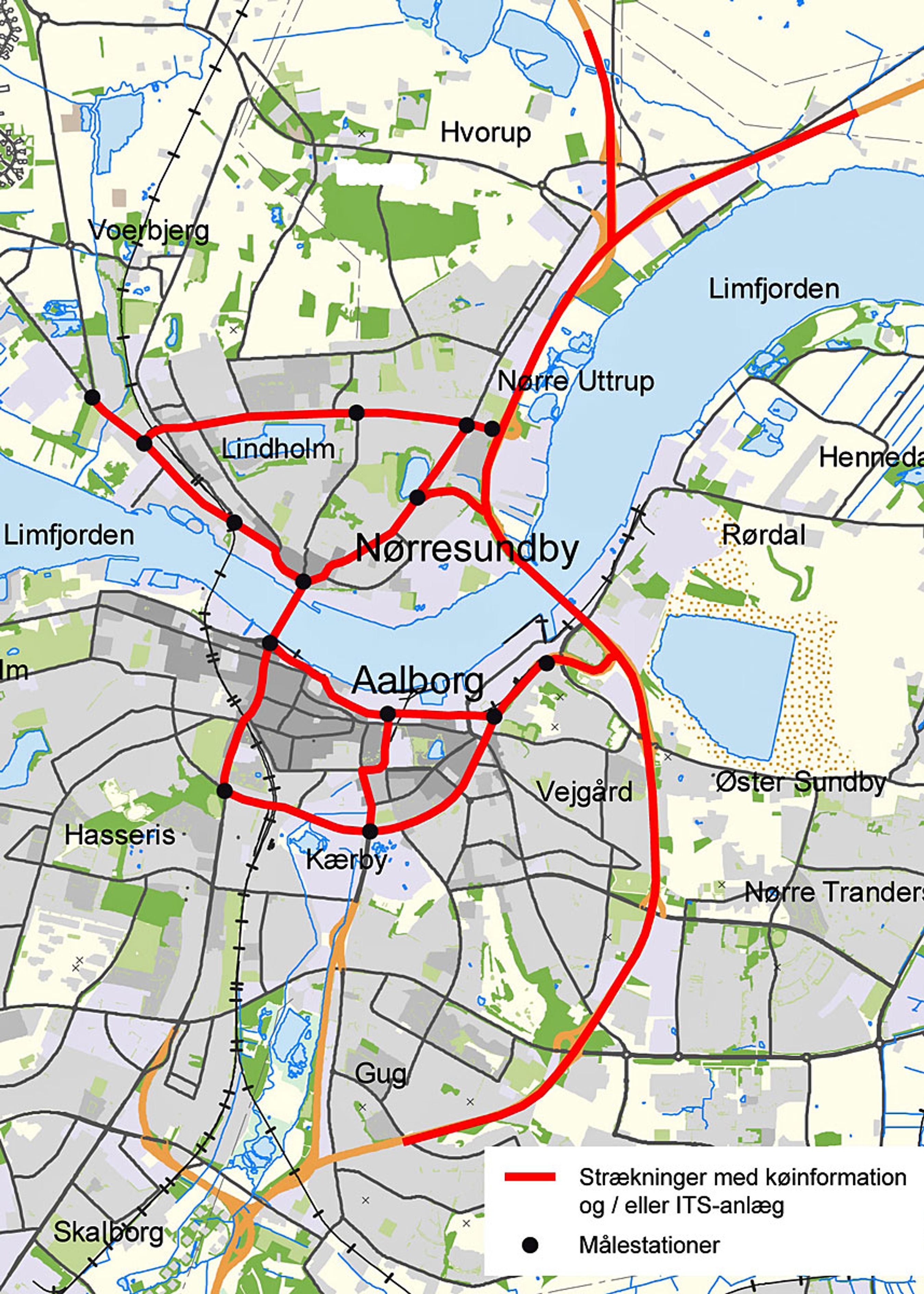 De røde veje er dækket af det nye ITS-system.