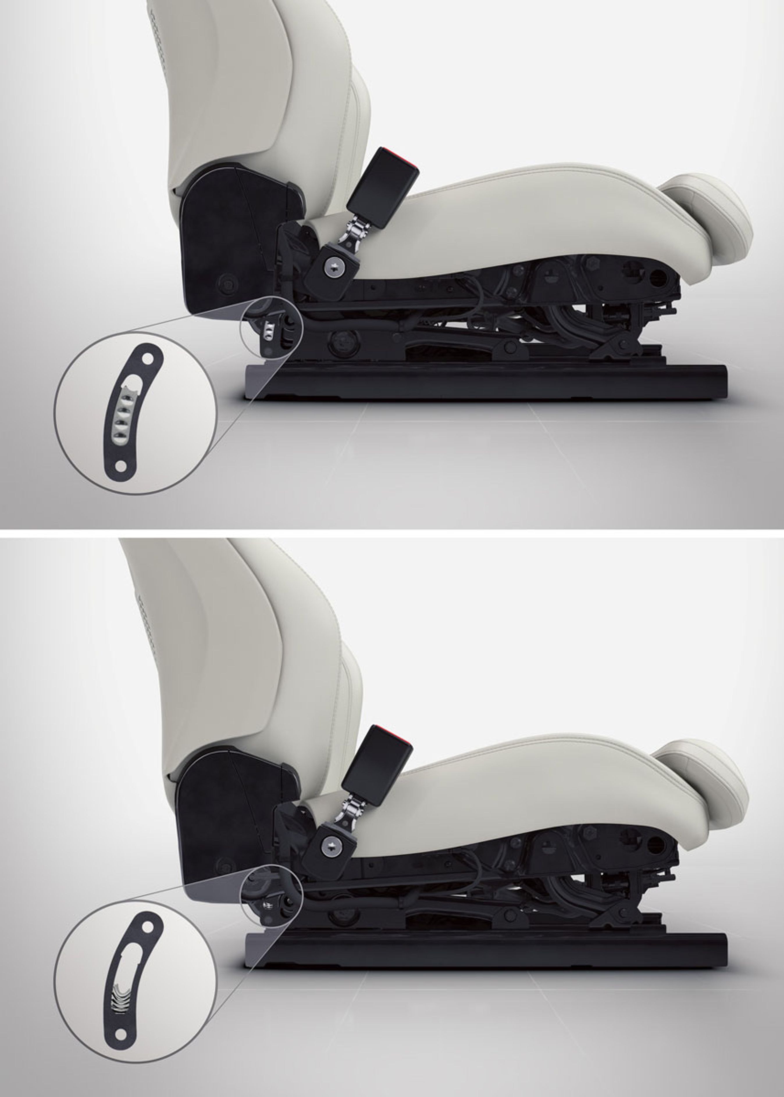 Ved en hård landing i terrænet mindsker en energiabsorberende funktion mellem sædet og sæderammens hynder de lodrette kollisionskræfter.