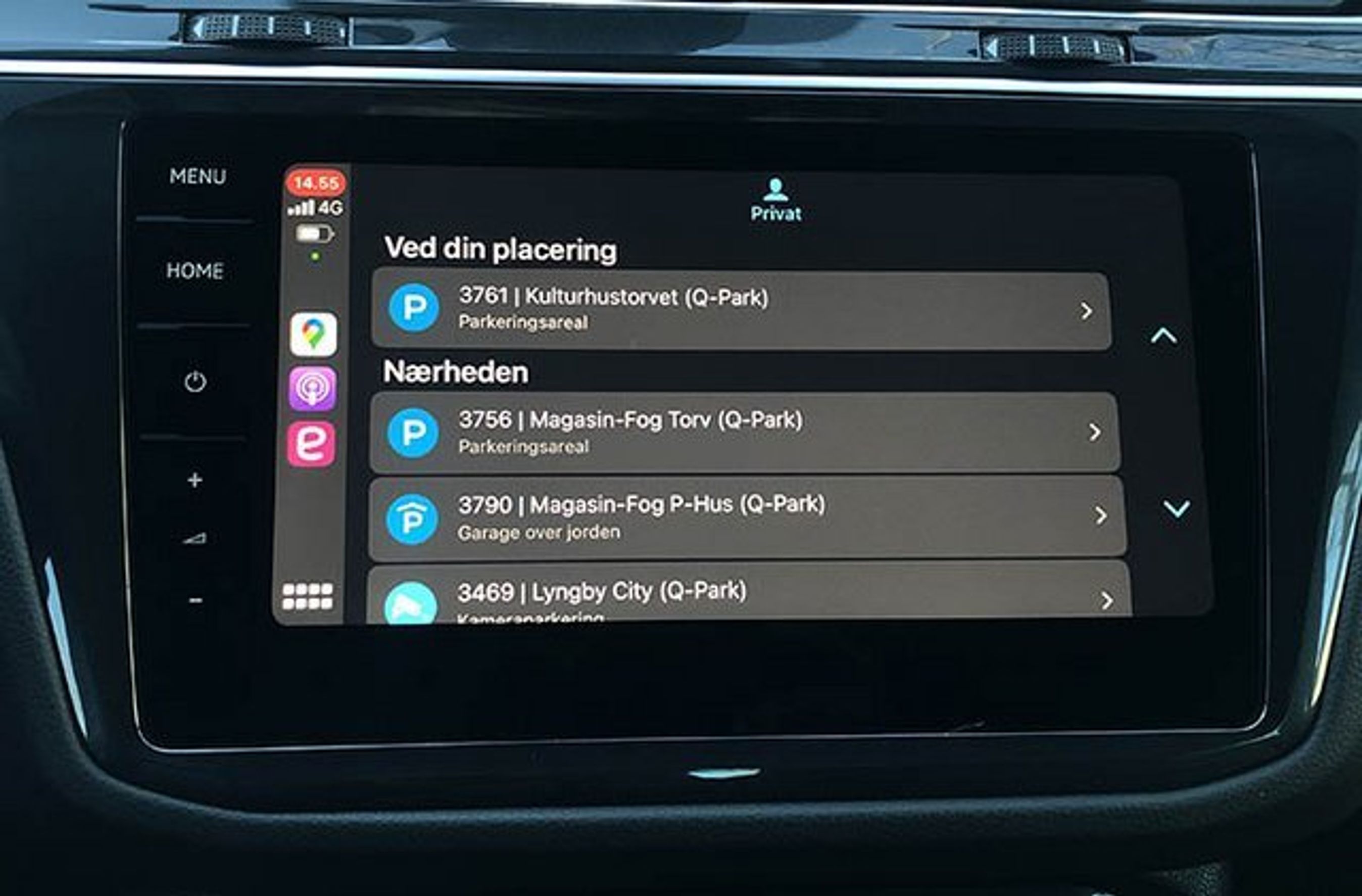 Du får en liste over p-områder tæt på, men ingen kortvisning.