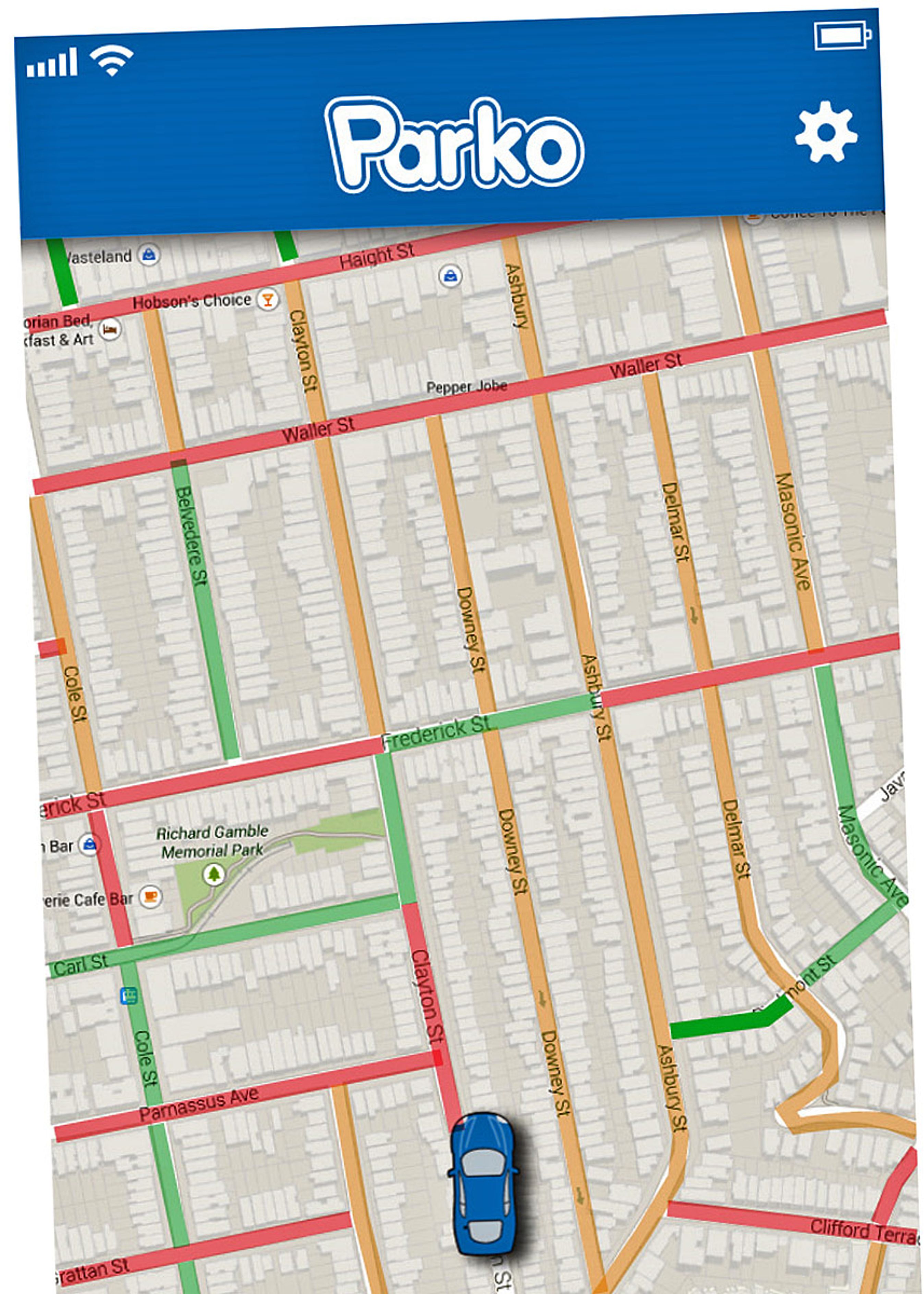 Omtrent på denne måde kan bilister i hovedstaden inde længe få vist, hvor det er nemmest at finde en ledig p-plads. App'en viser sandsynligheden med farverne.