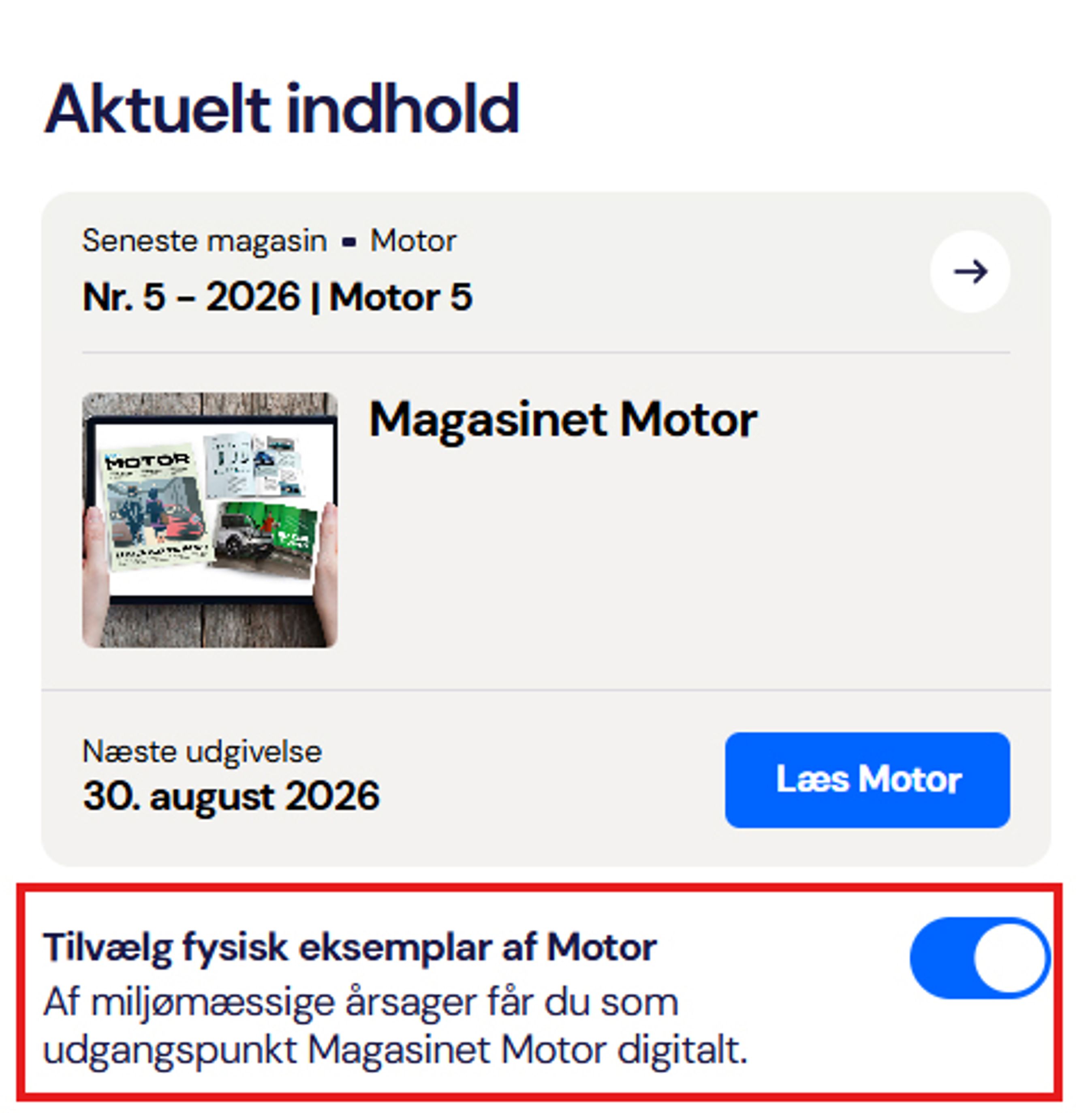 Screenshot med mulighed for til- eller fravælge fysisk eksemplar af magasinet Motor.