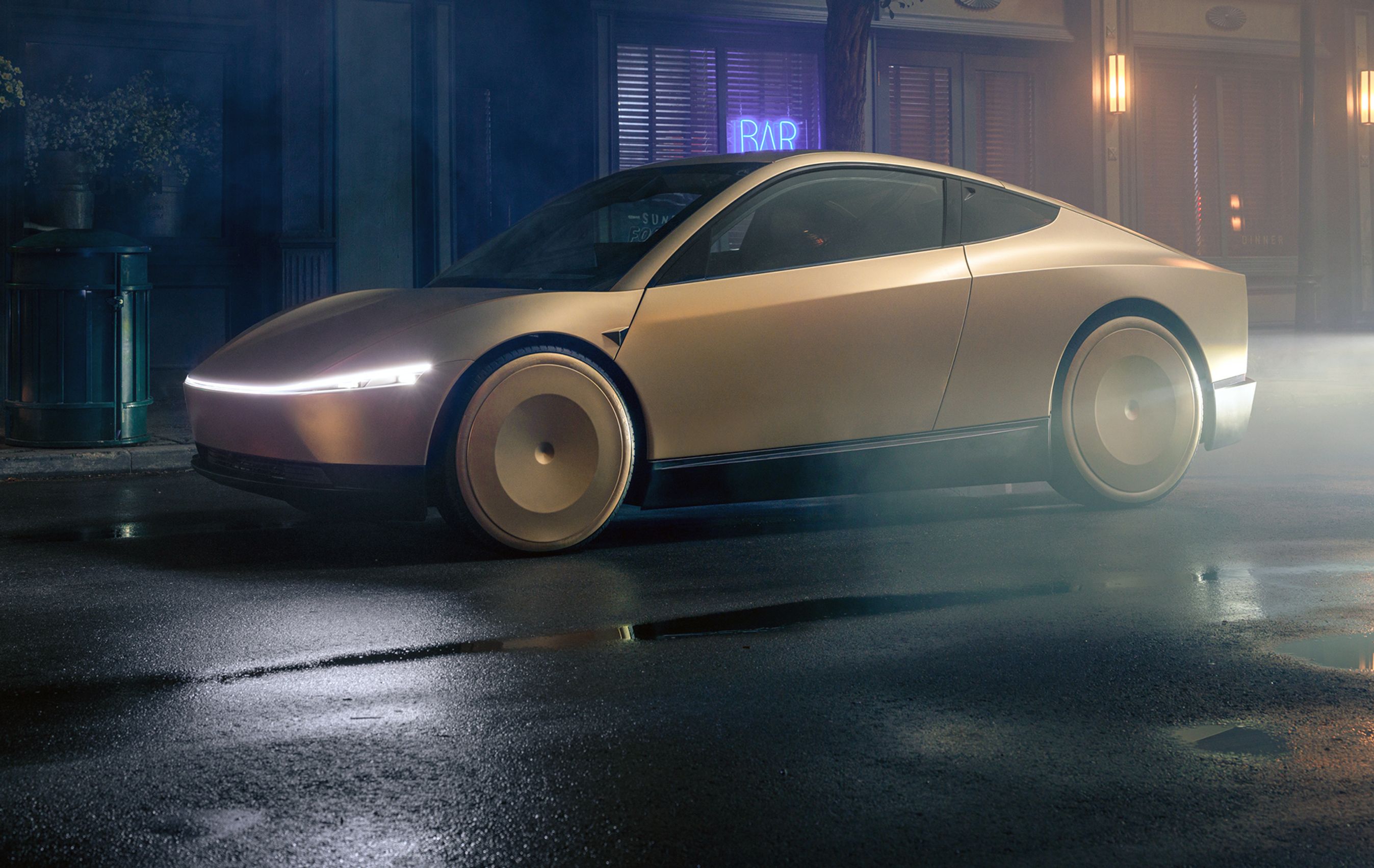 Guldfarvet Cybercab forfra i mørke.