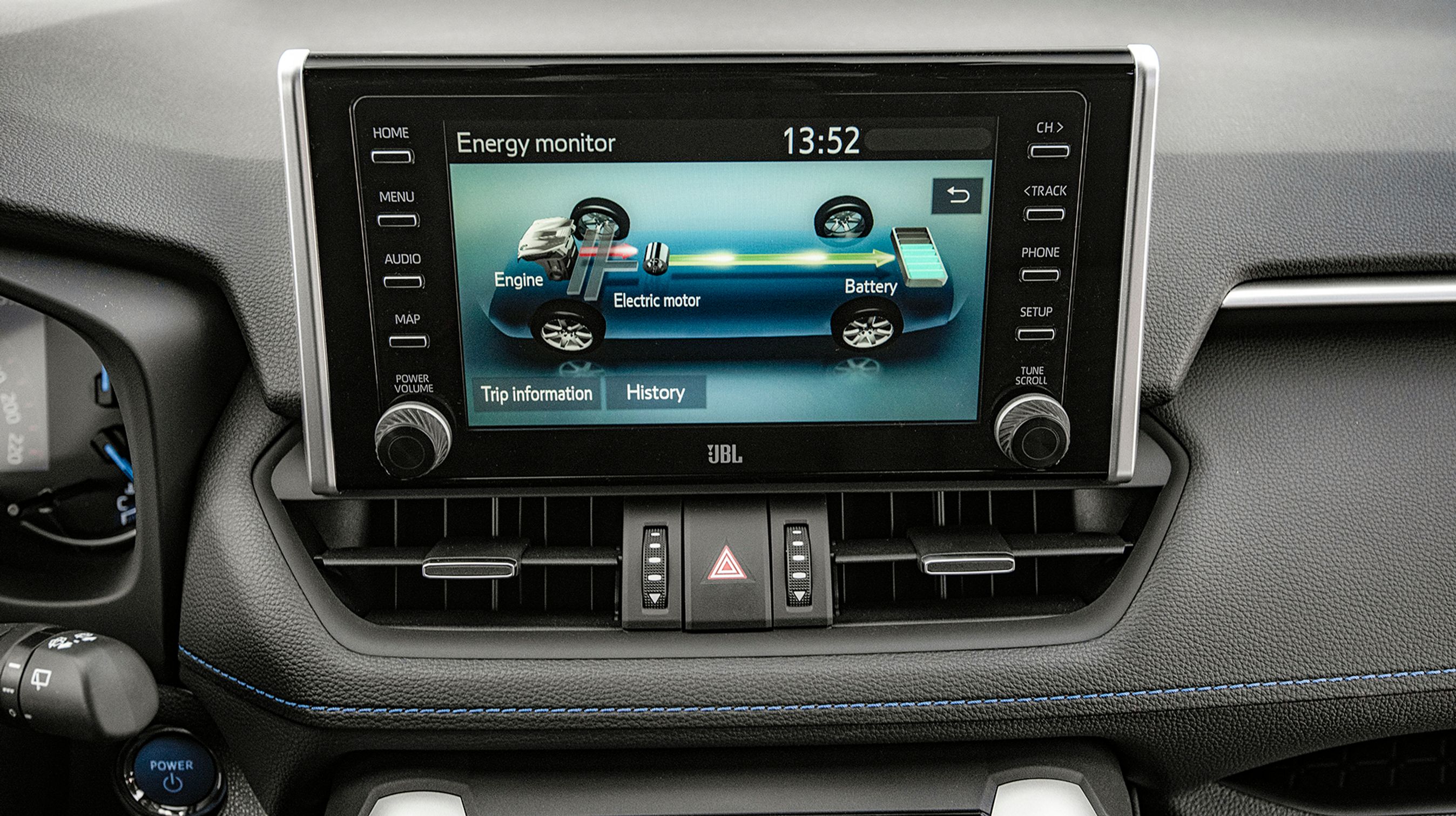 Den store skærm i midten kan bl.a. vise et diagram, der viser, om man bruger strøm fra hybrid-systemets batteri, eller om bilen genererer strøm til batteriet, f.eks. når man bremser.