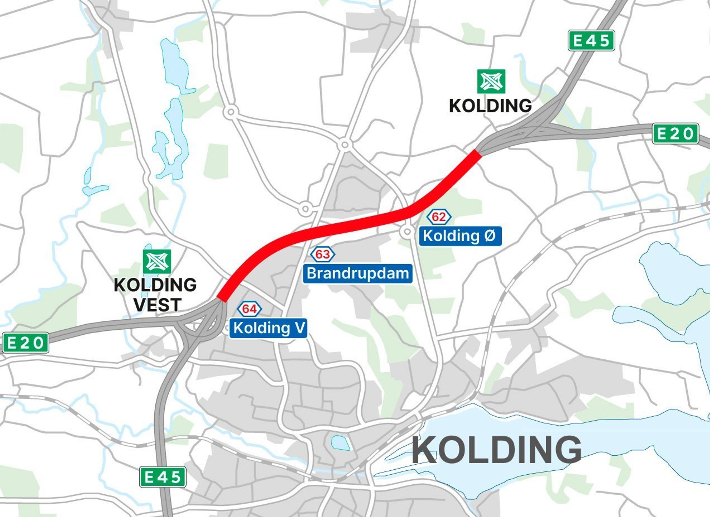 Skitse af motorvejen rundt om Kolding.