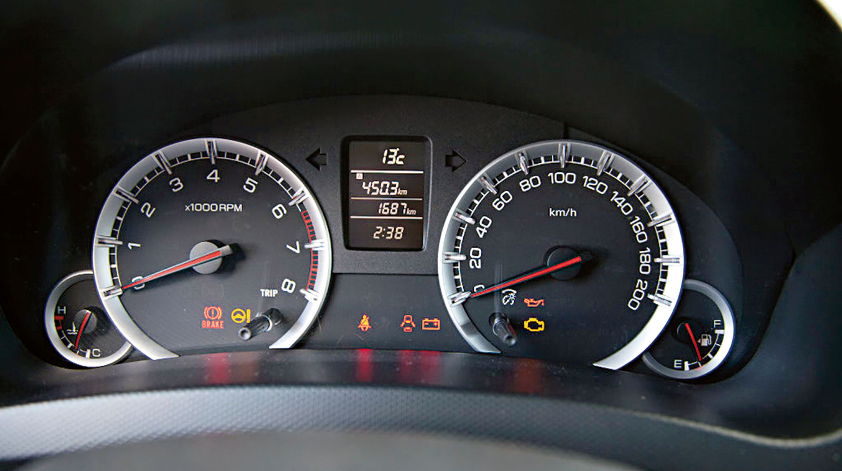 Det er let at aflæse fart og omdrejningstal. I midten et display, der viser bl.a. udetemperaturen.