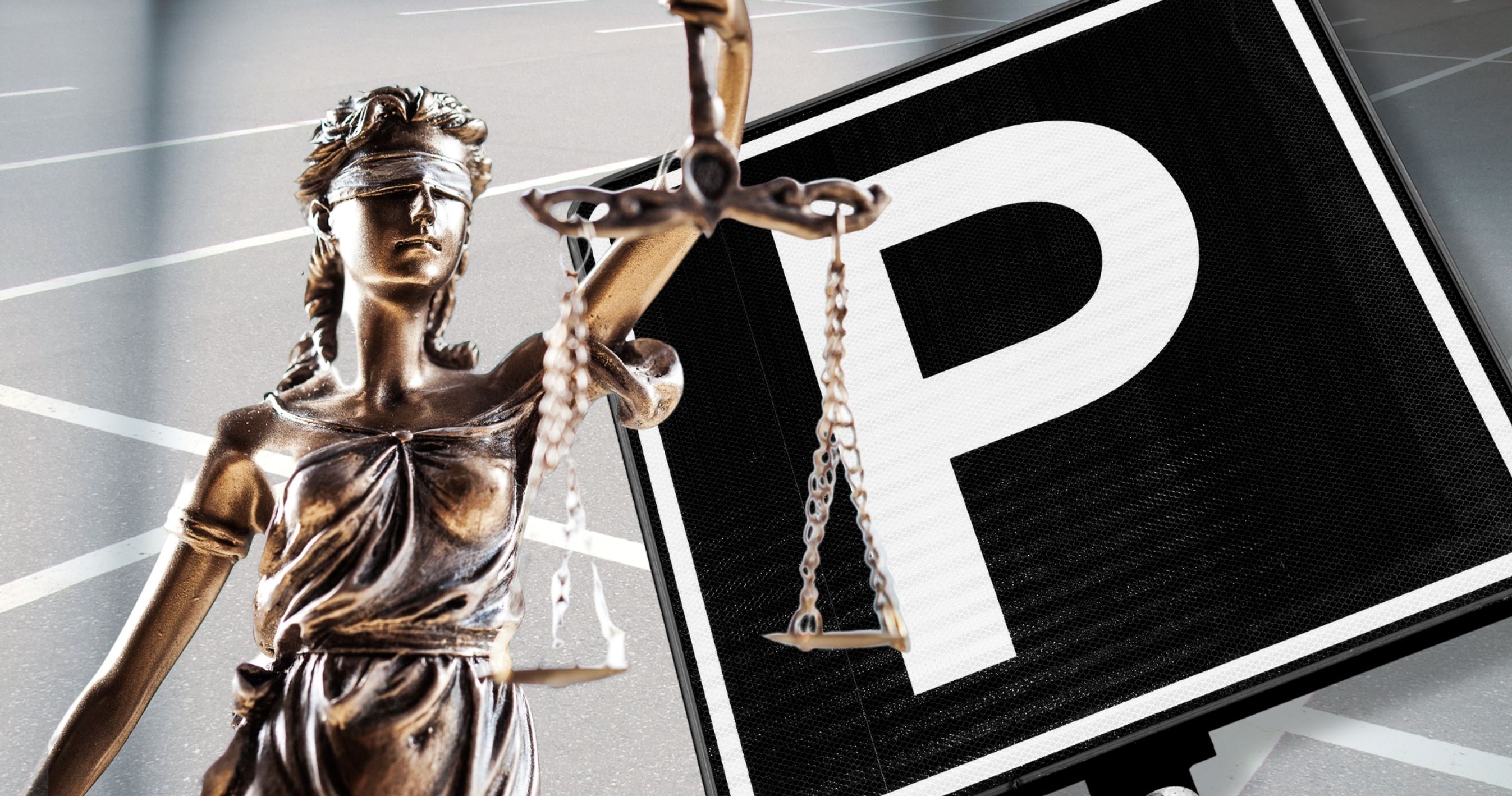 Collage med Justitia (retsvæsenssymbol) og sort parkeringskilt