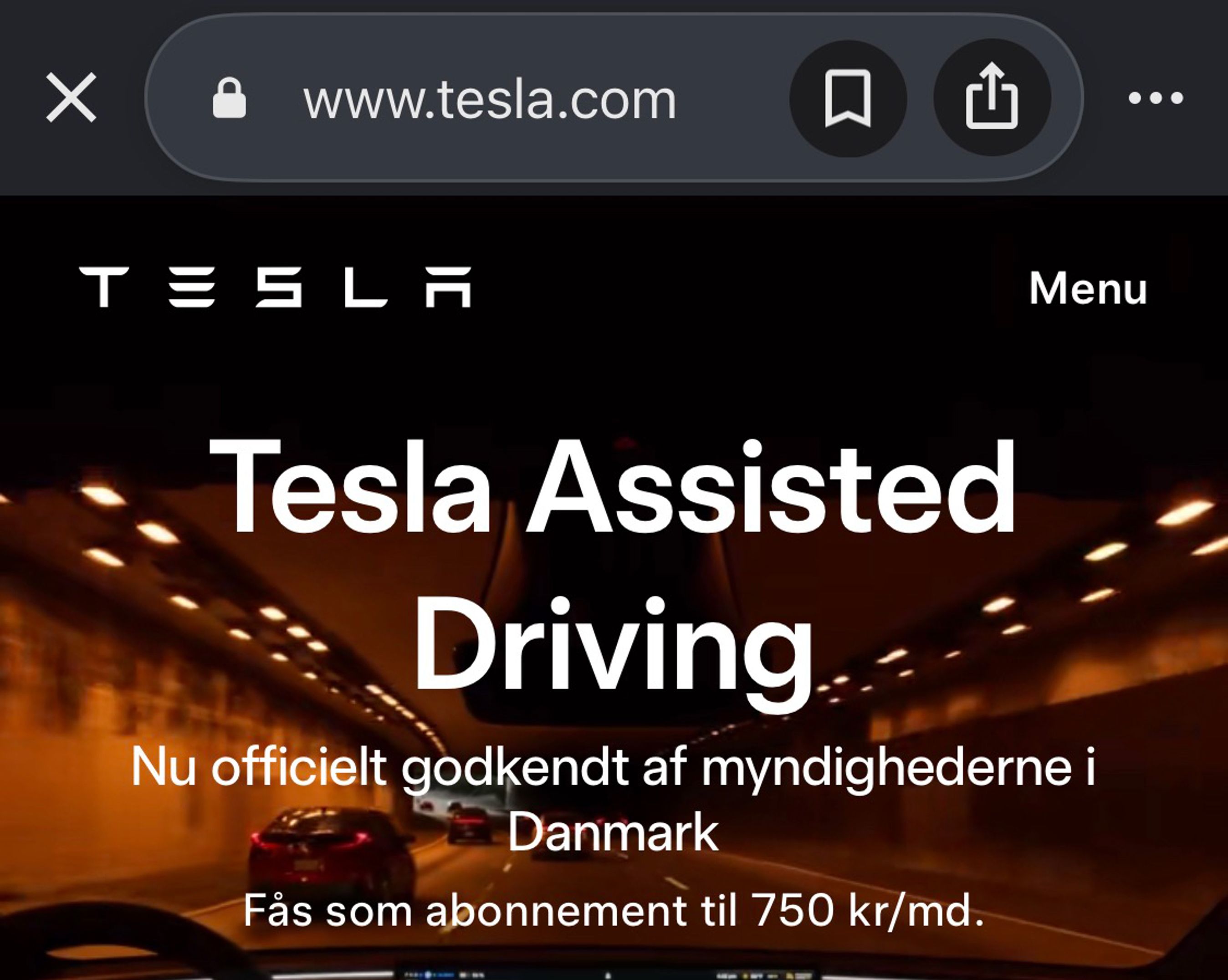 Skærmbillede hvor der står Tesla Assisted Driving