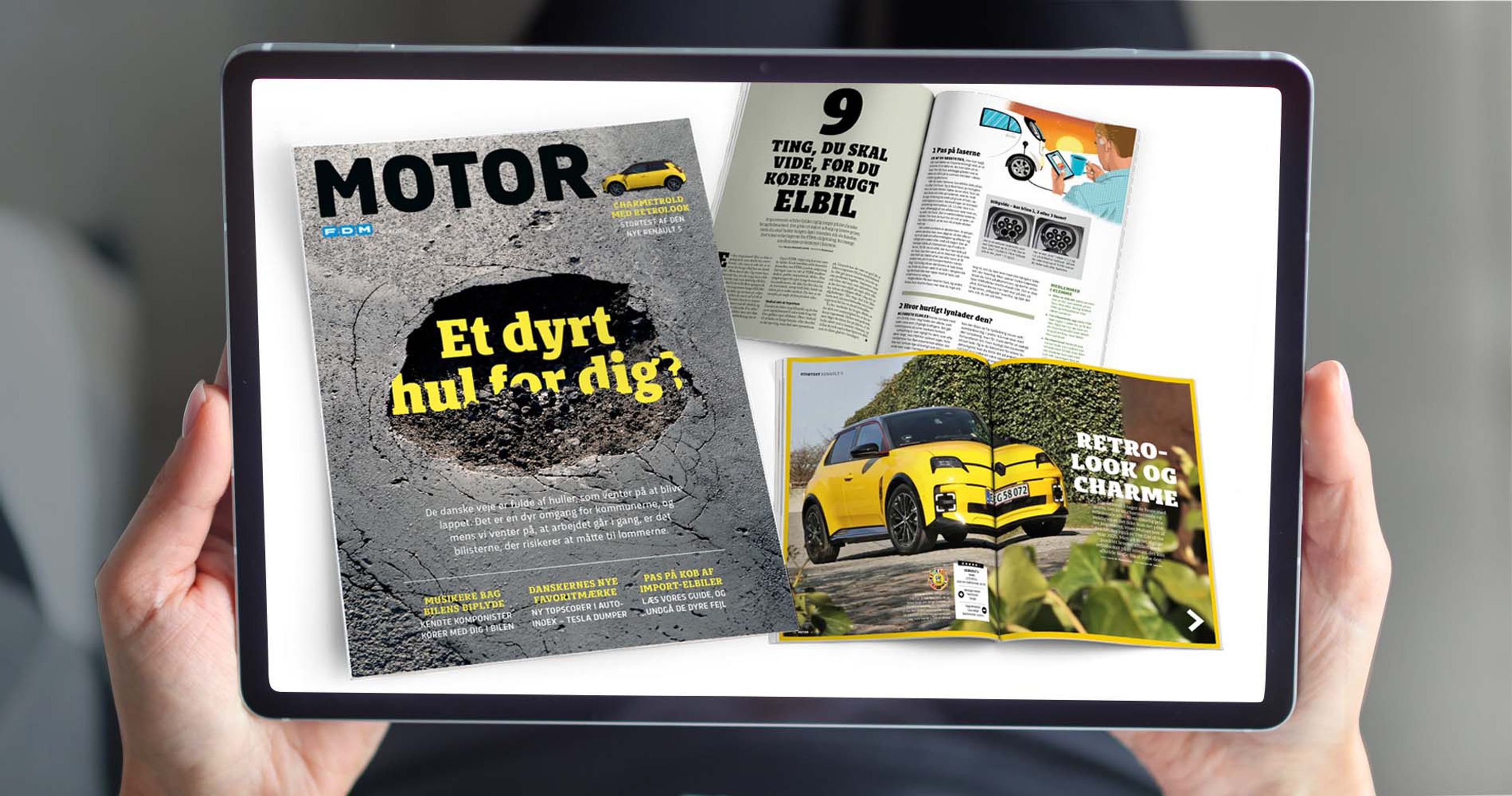 Hænder holder iPad, der viser sider fra Motor 4/2025