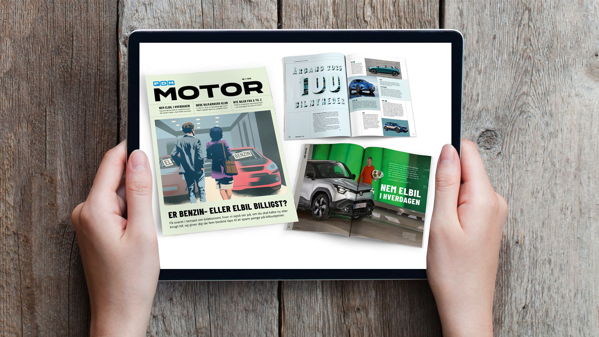 Hænder holder iPad med sider fra Motor på skærmen