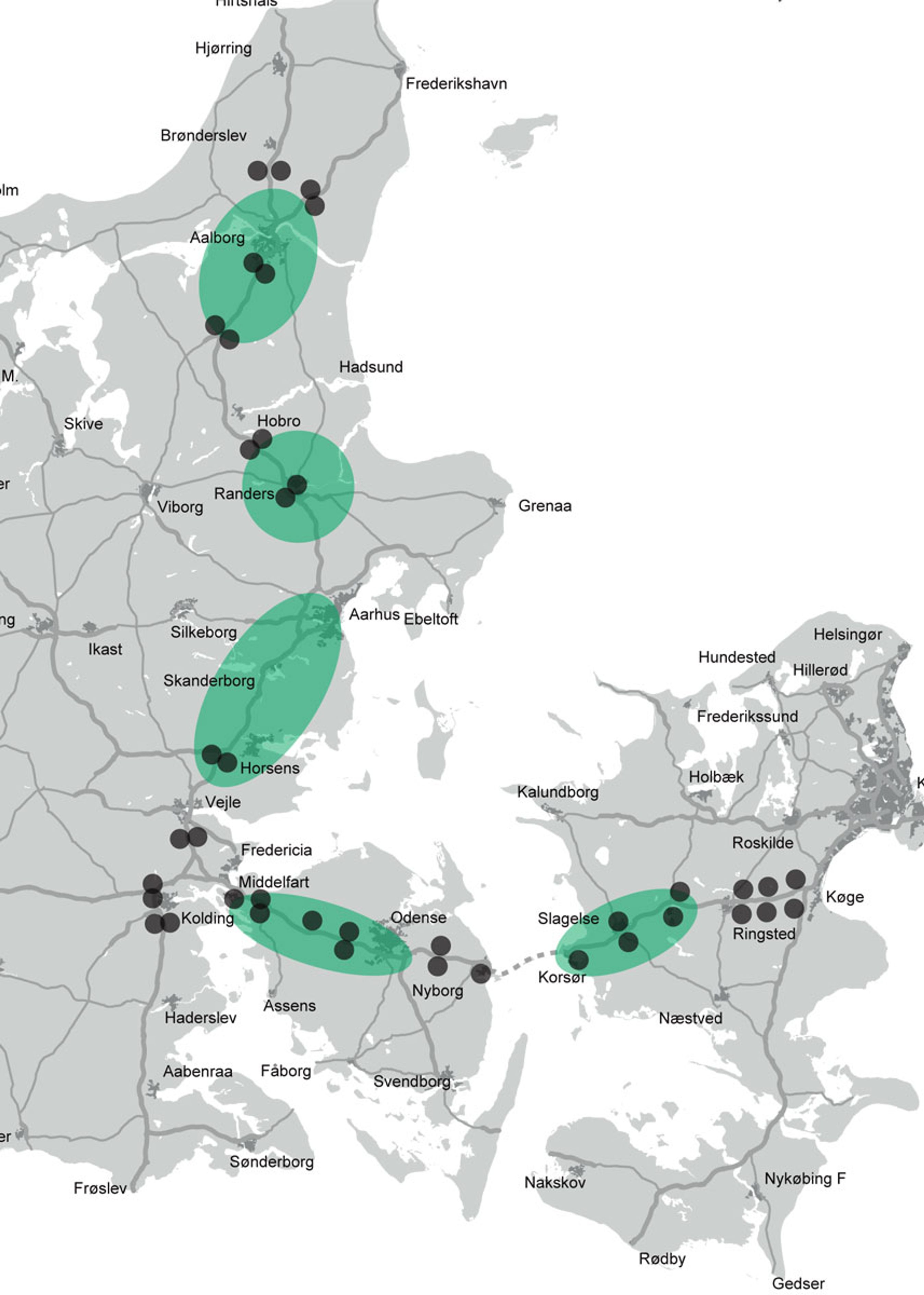 De 19 omkørselsruter findes i de fem grønne korridorer. Kort: Vejdirektoratet