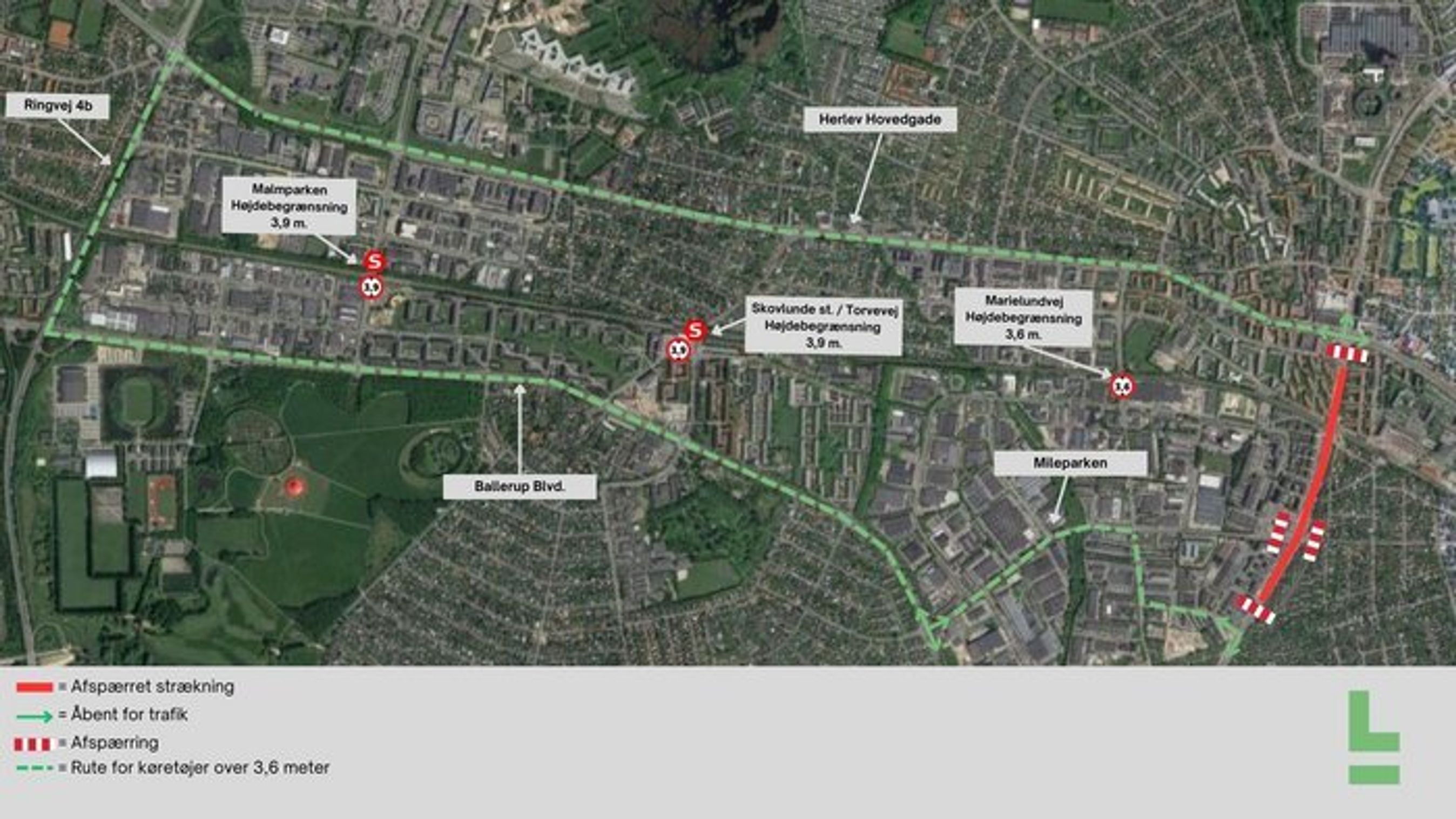Kort over omkørsel i Herlev ved letbanebyggeri