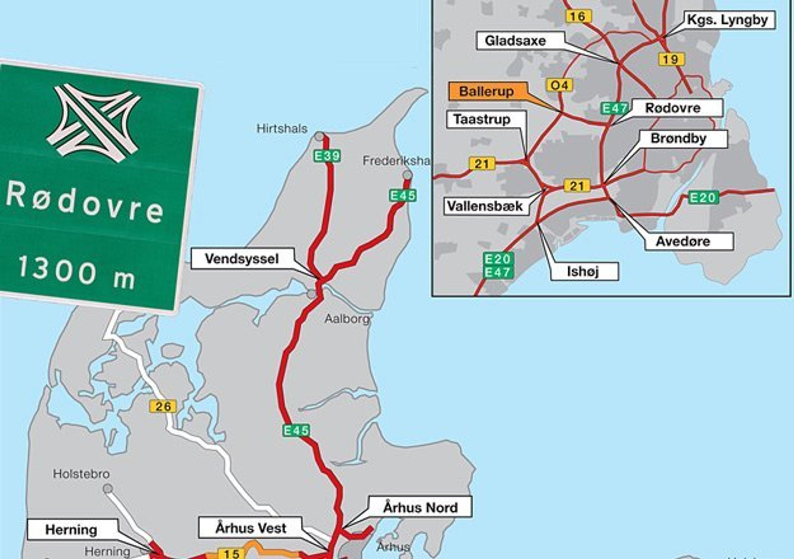Her er Danmarks nuværende 20 motorvejskryds og de fire kommende markeret med orange.