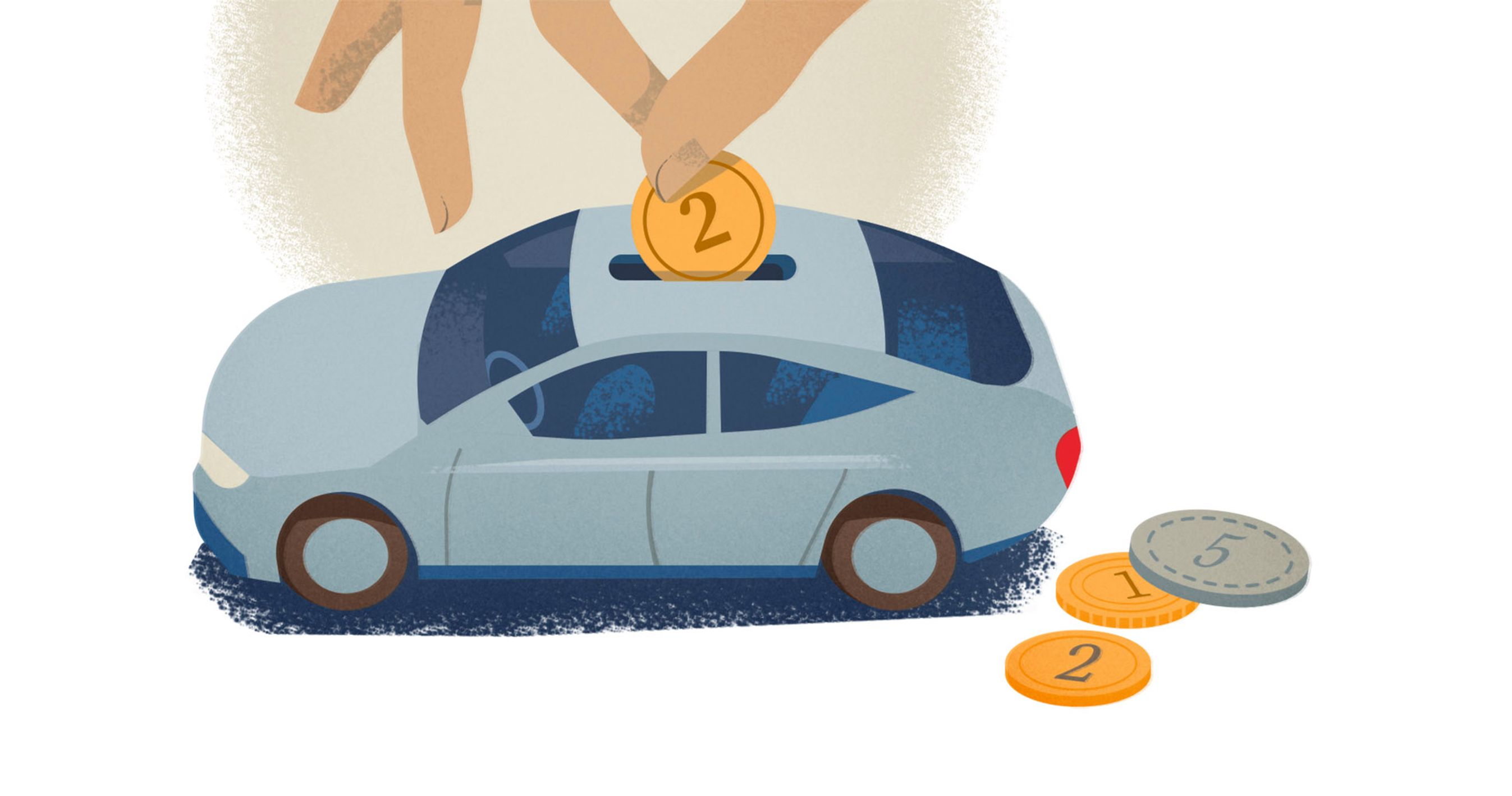 Tegning af mønter der puttes ned i en bilformet sparebøsse