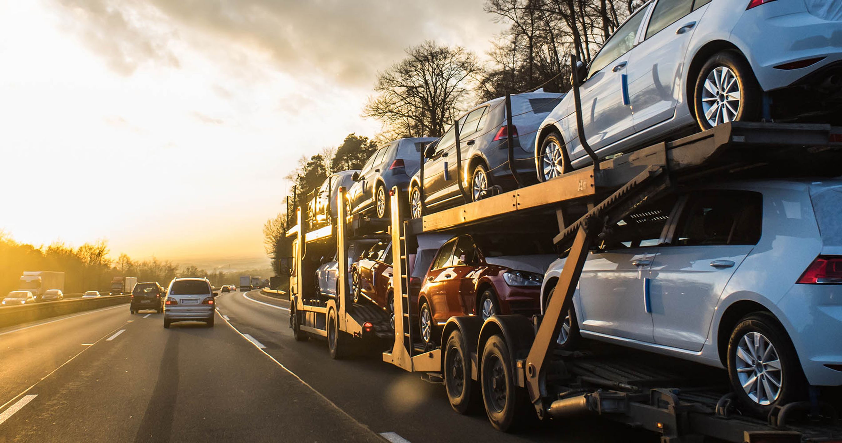 Autotransporter kører på motorvej med et helt læs biler.