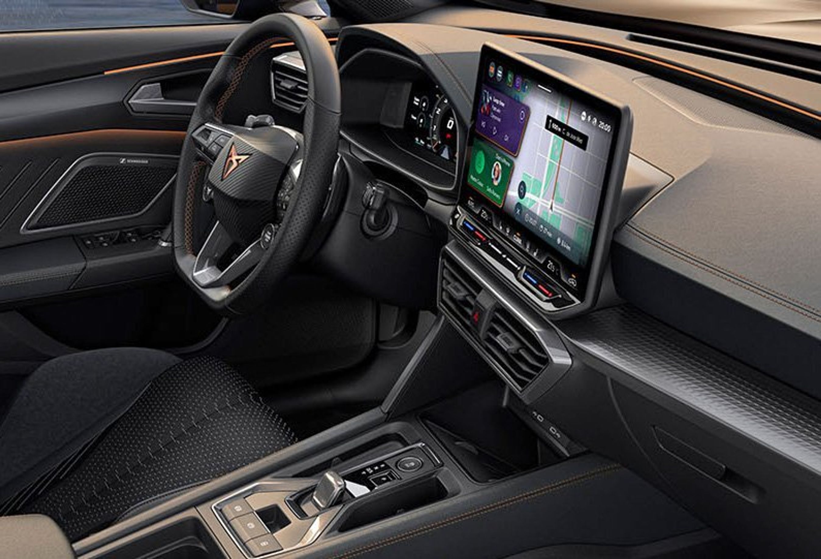 Førerpladsen i Cupra Formentor med stor trykskærm på 12,9 tommer.