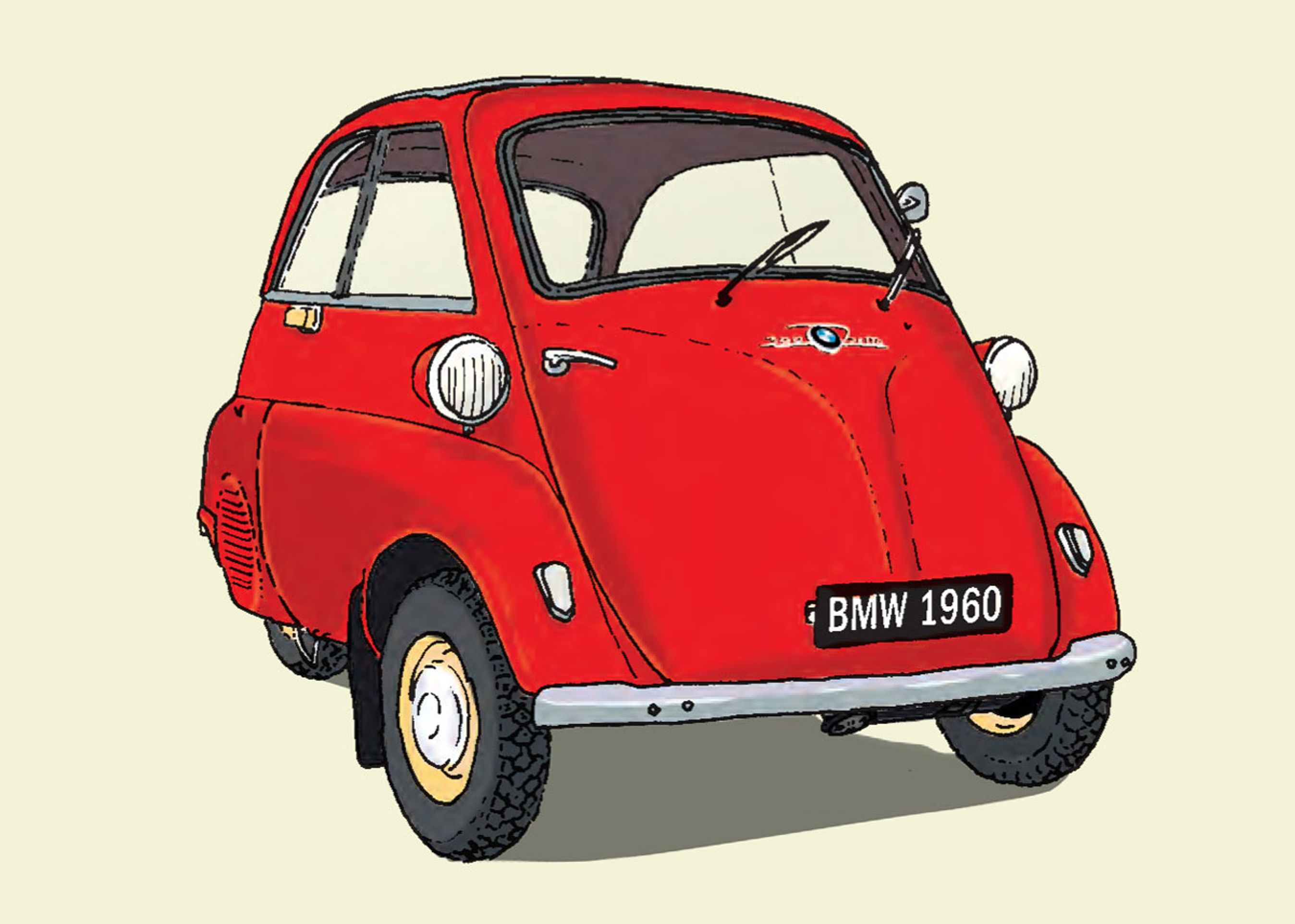 BMW Isetta 300 på frimærket er denne årgang 1960. Bilen har encylindret, firetaktsmotor på 298 kubikcentimeter. Tophastighed 88 km/t. Fotos: Post Nord