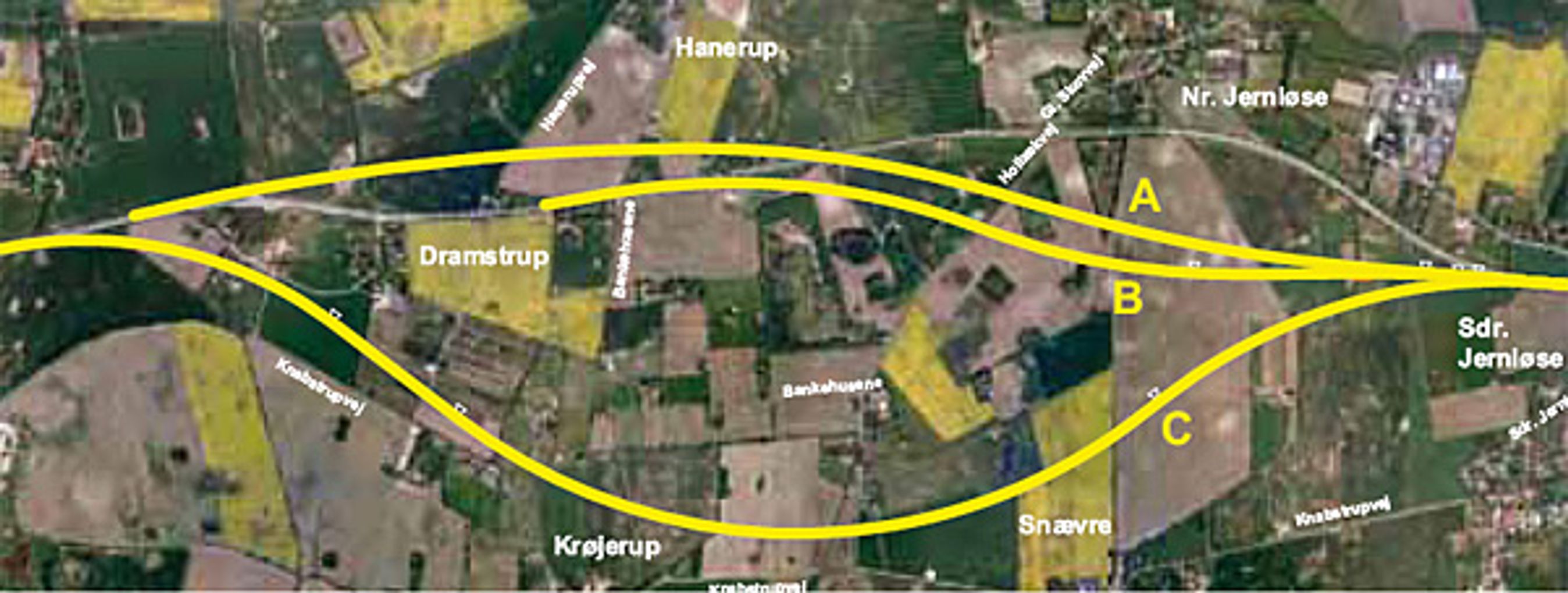 Tre løsninger er undersøgt på etape 2 forbi Regstrup. Den sydlige C-løsning er helt opgivet, og Vejdirektoratet anbefaler, at den mellemlange løsning A vælges.