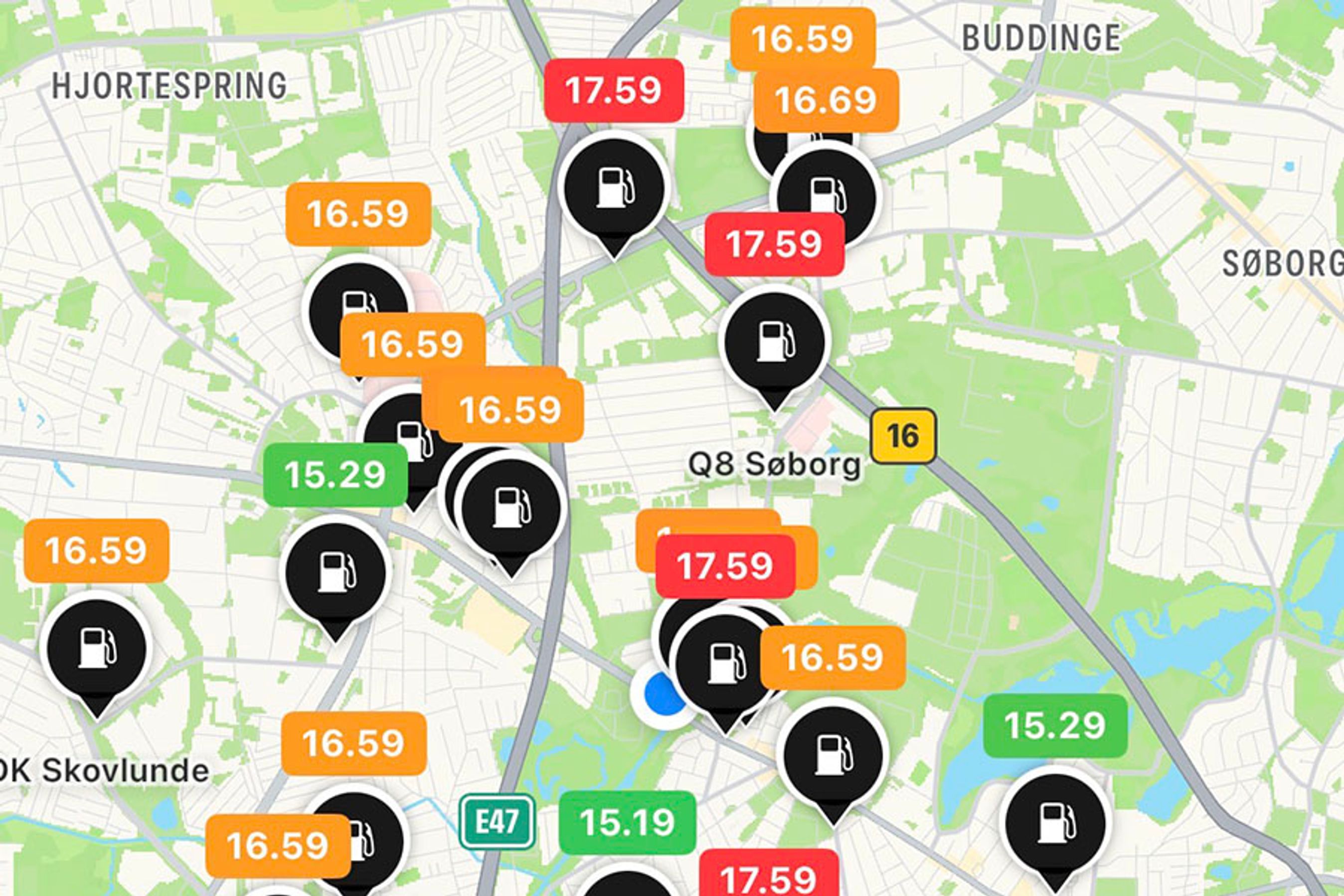 Kort med prisopdateringer fra tankstationer