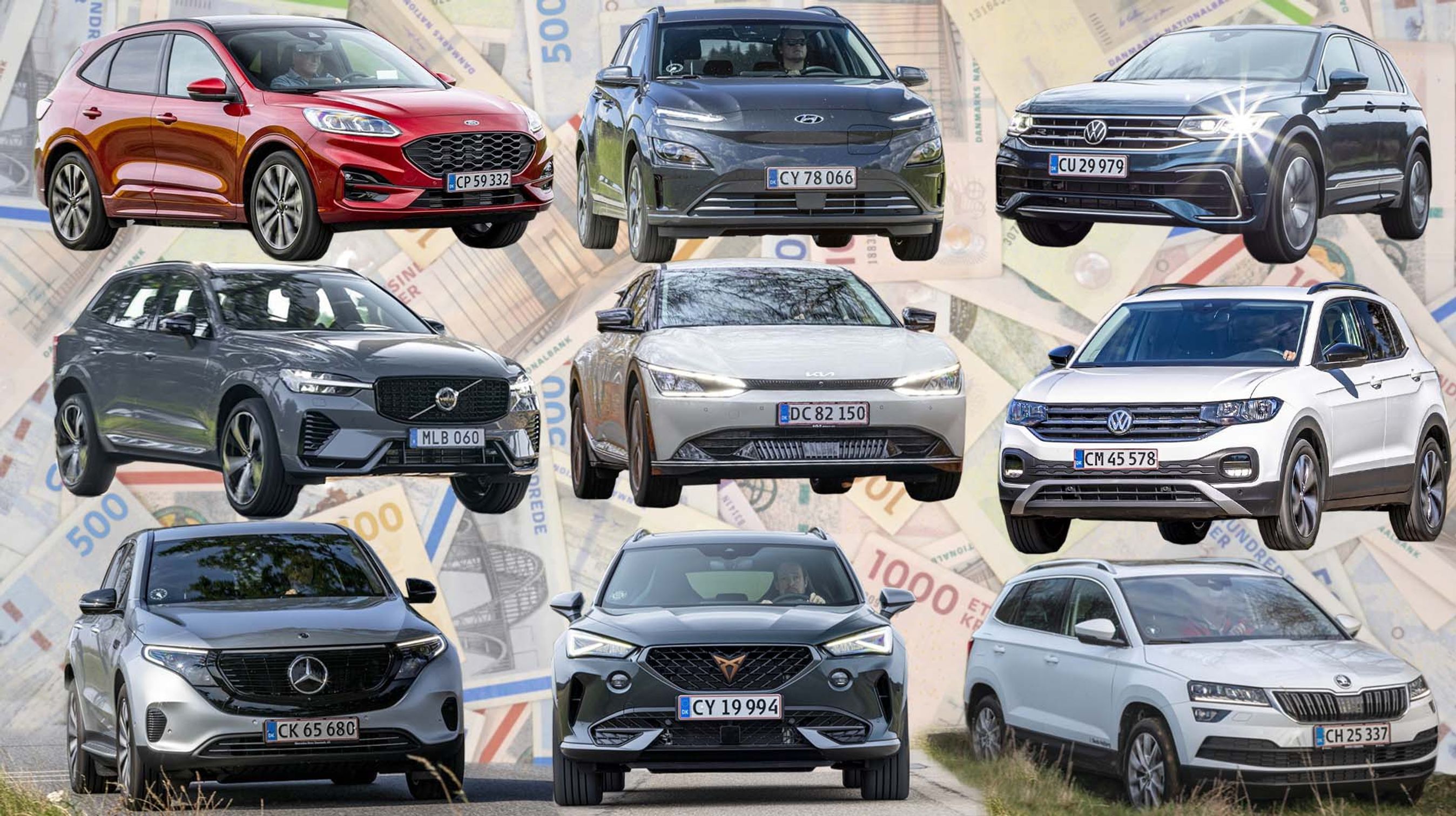 Ni af de aktuelt bedste SUV opstillet ved siden af hinanden på en baggrund af pengesedler.