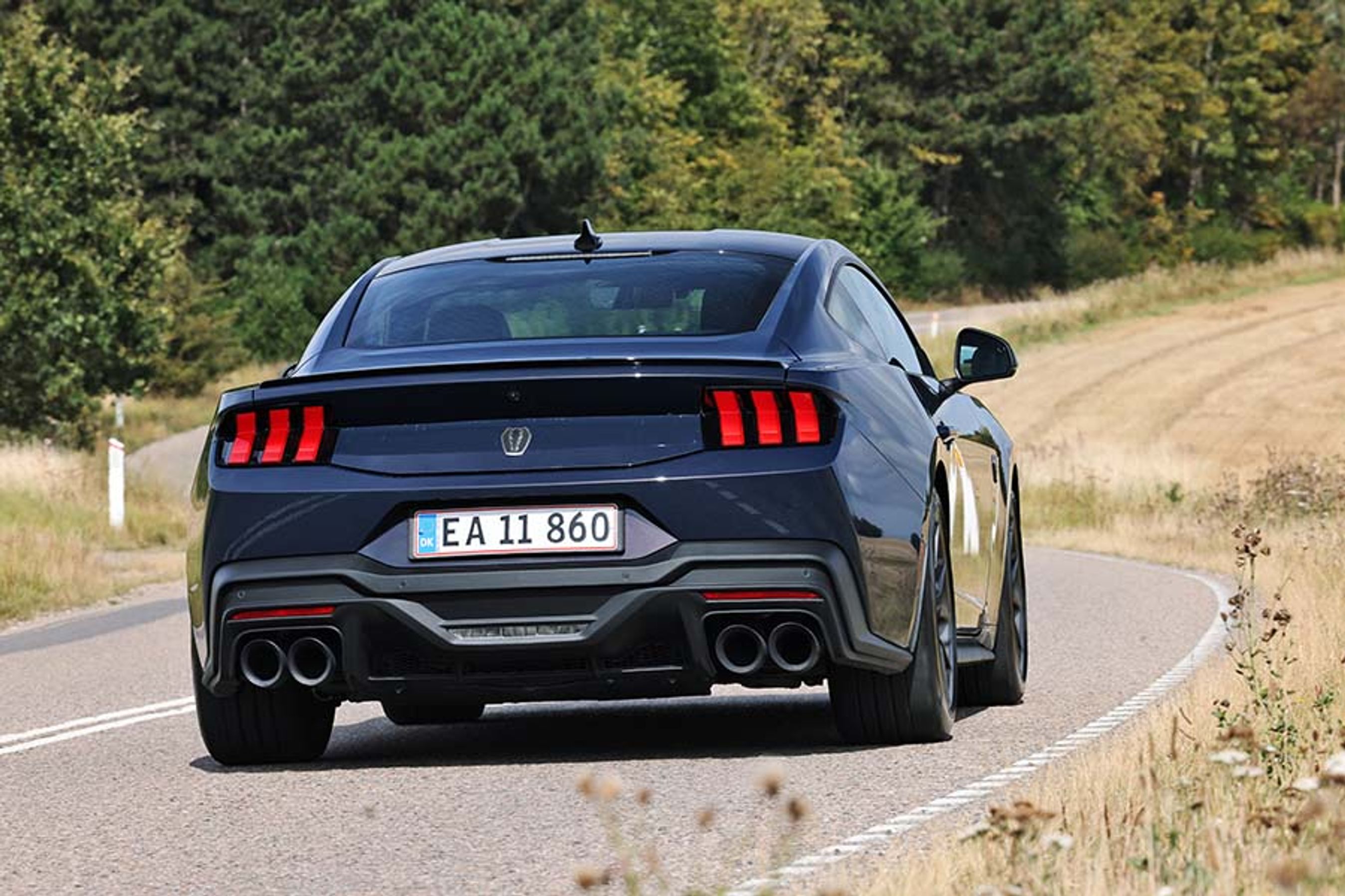 Ford Mustang set bagfra, men den kører ind i et sving på en landevej.