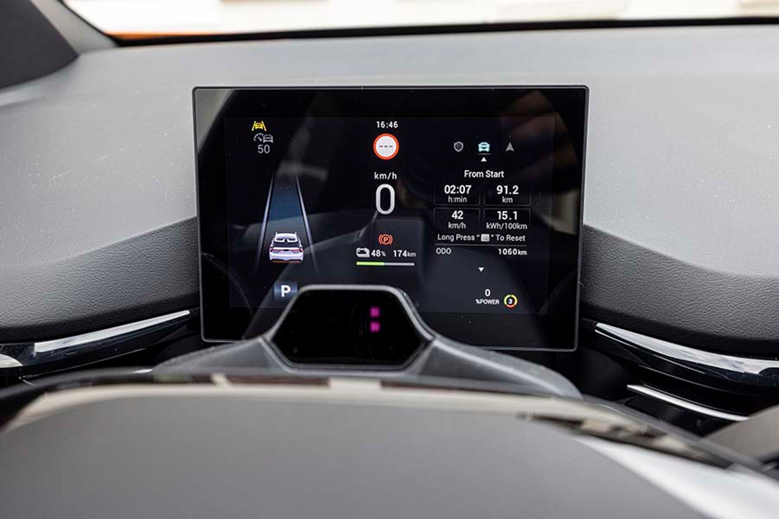 Speedometeret er placeret fint i midten, og på hver side får man brugbare oplysninger om kørslen. Lige nedenunder er de vigtige oplysninger om restenergi på batteriet og dermed den resterende rækkevidde.