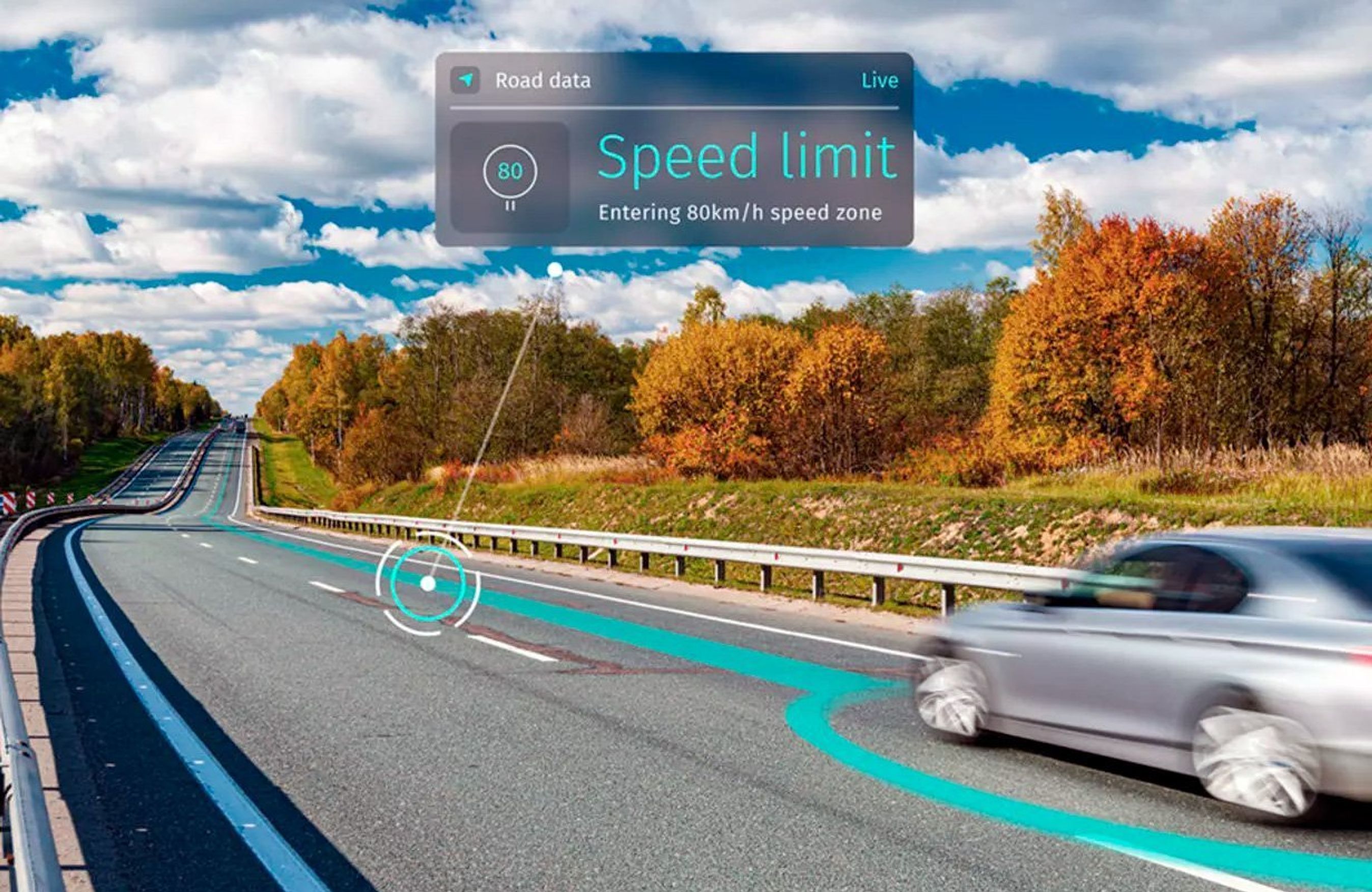 Tegning af bil på vej med fartgrænse indtegnet.