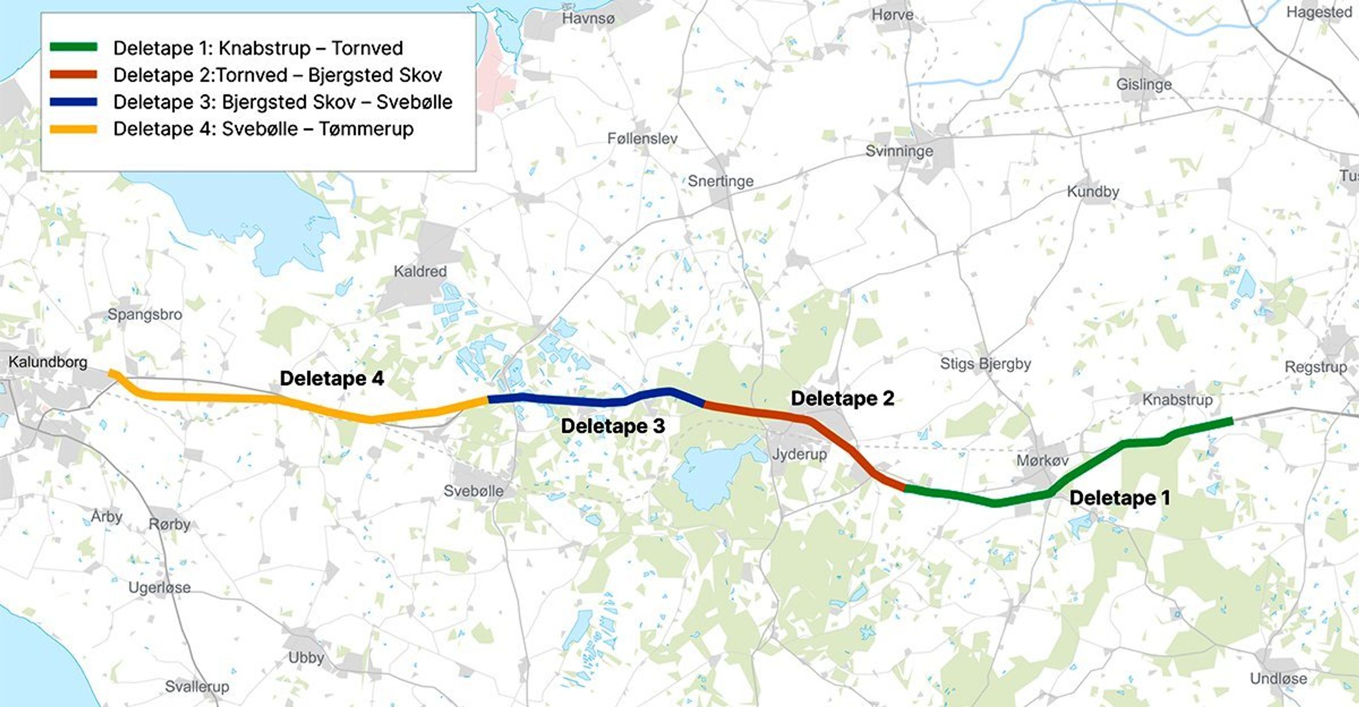 Kort med deletaperne på Kalundborgmotorvejen.