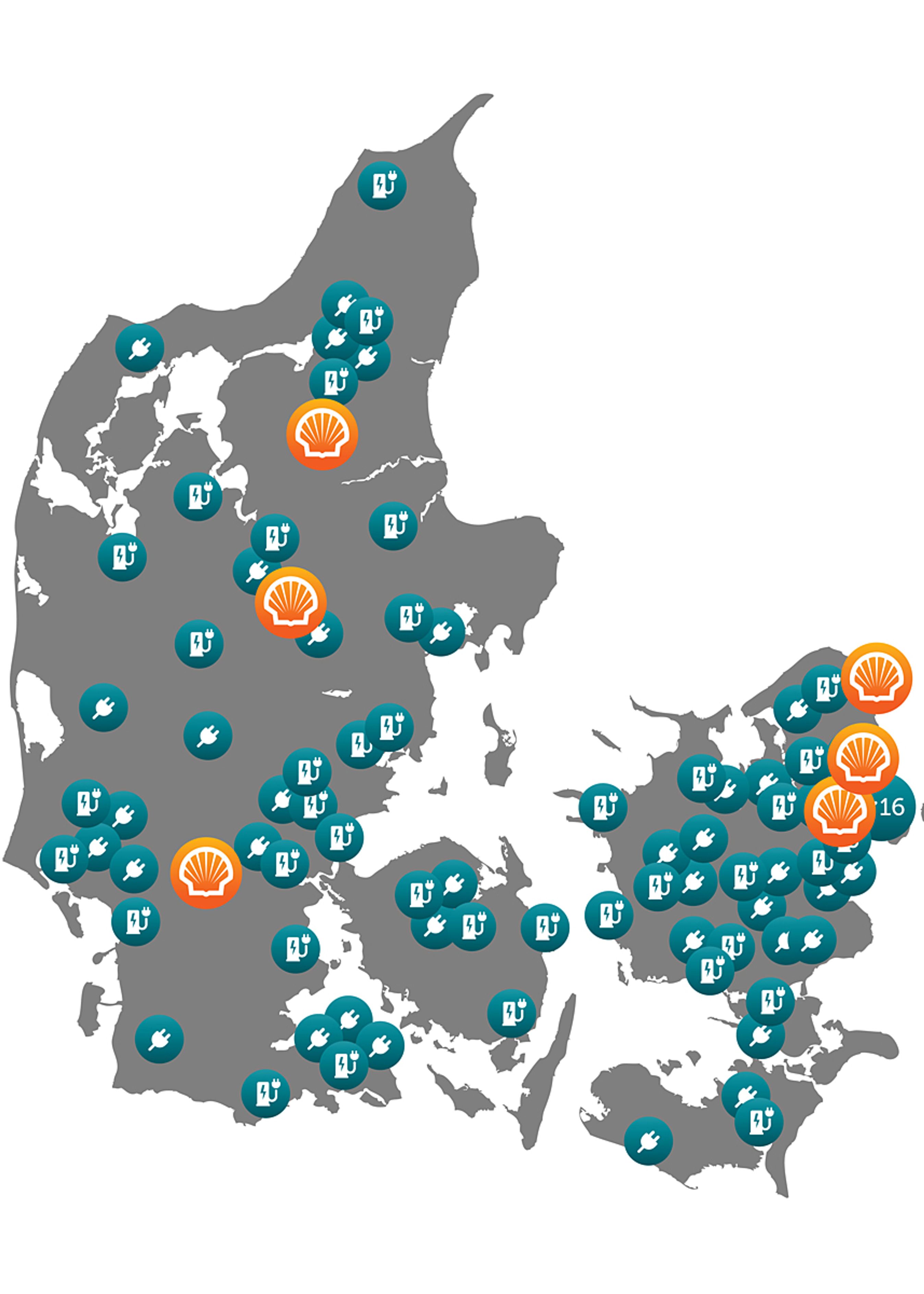De grønne, eksisterende Clever-ladere suppleres nu med lynladere på en række Shell-stationer.