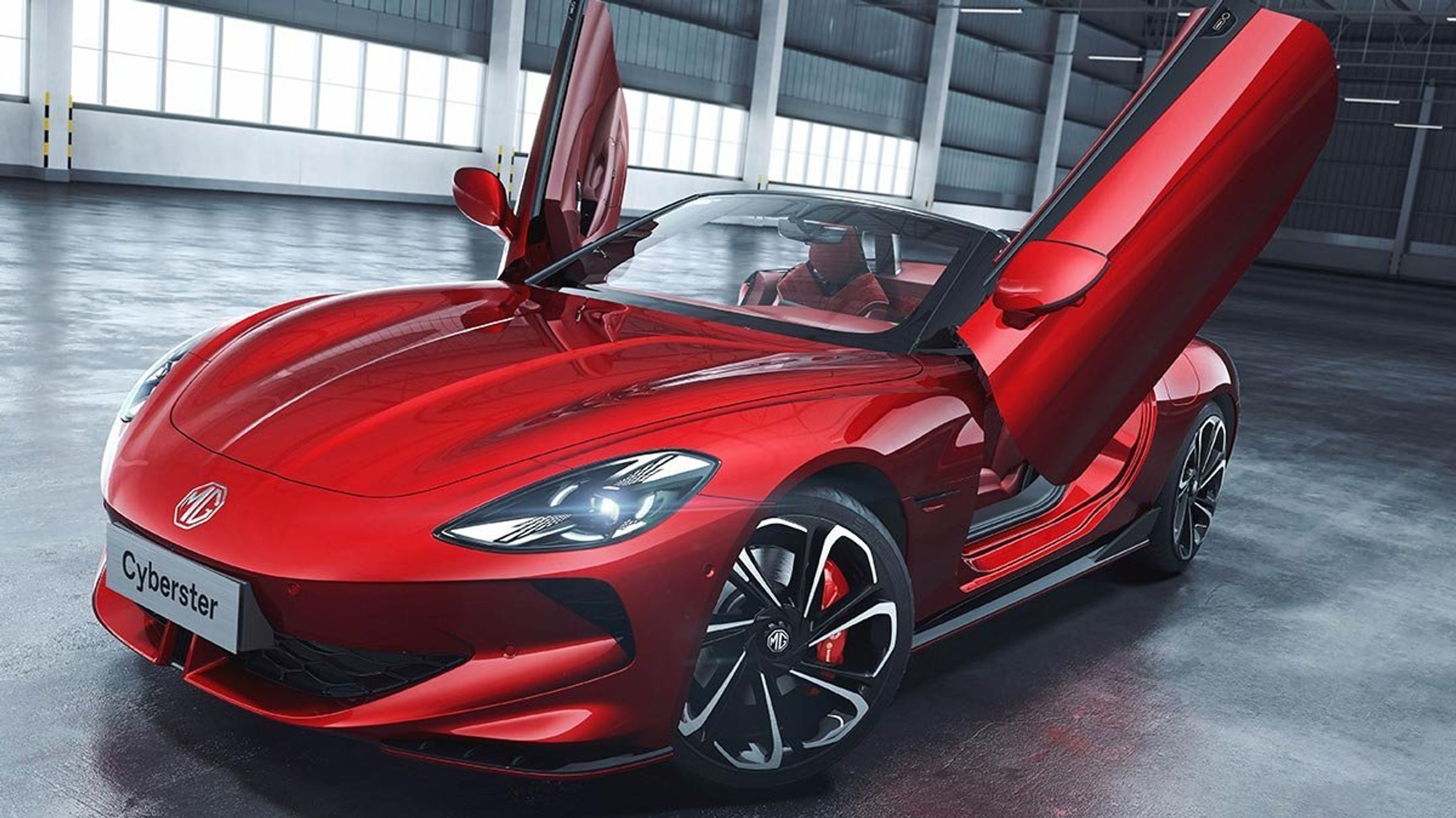 MG Cyberster forfra med åbne saksedøre.