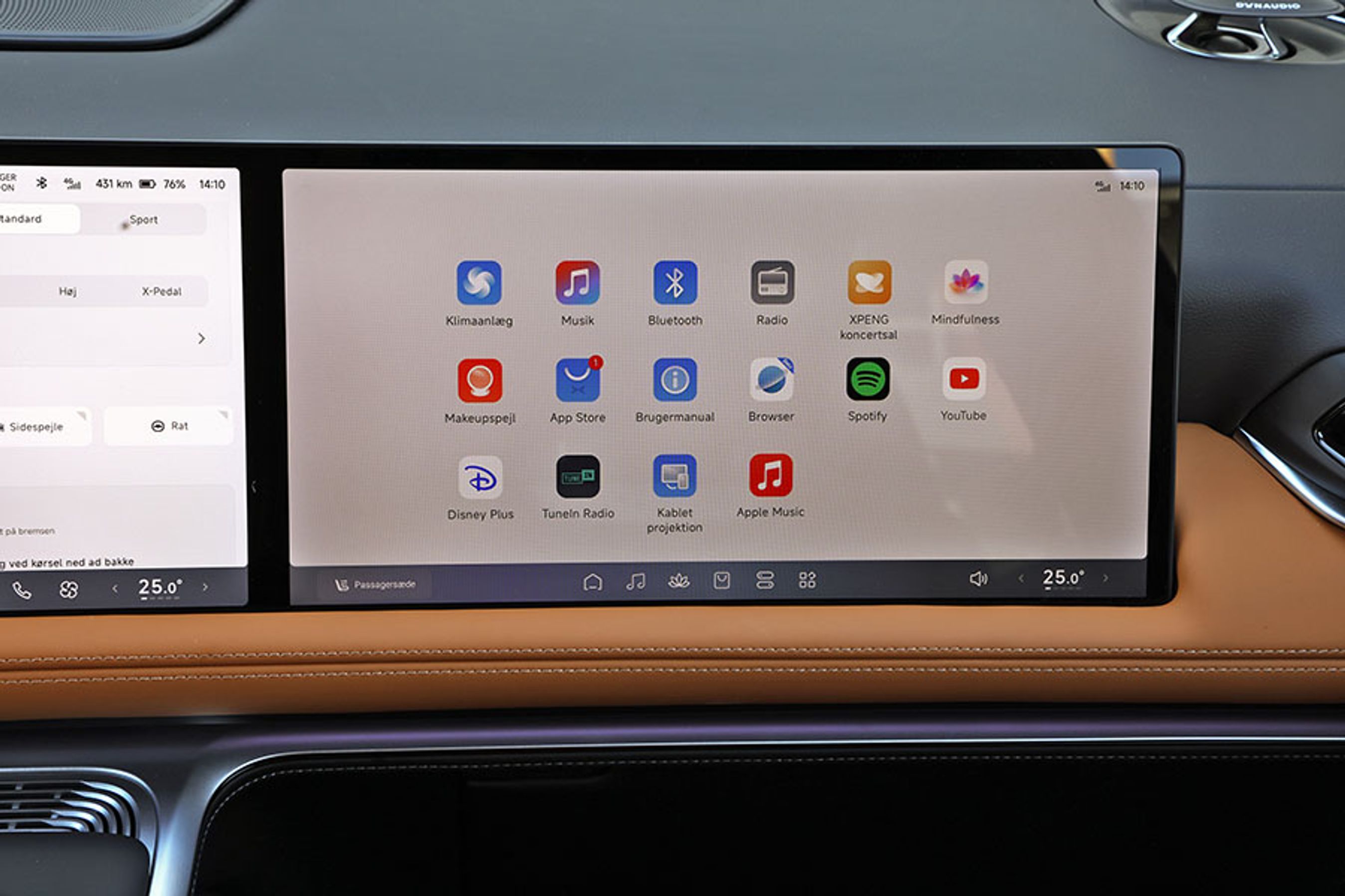 Man kan blive underholdt i passagersædet. Som passager kan du styre musikken i bilen på din egen skærm uden at fjerne chaufførens kortvisning. Der er også mulighed for at se YouTube, Disney+ eller få spejlet visning fra din mobiltelefon via et kabel.