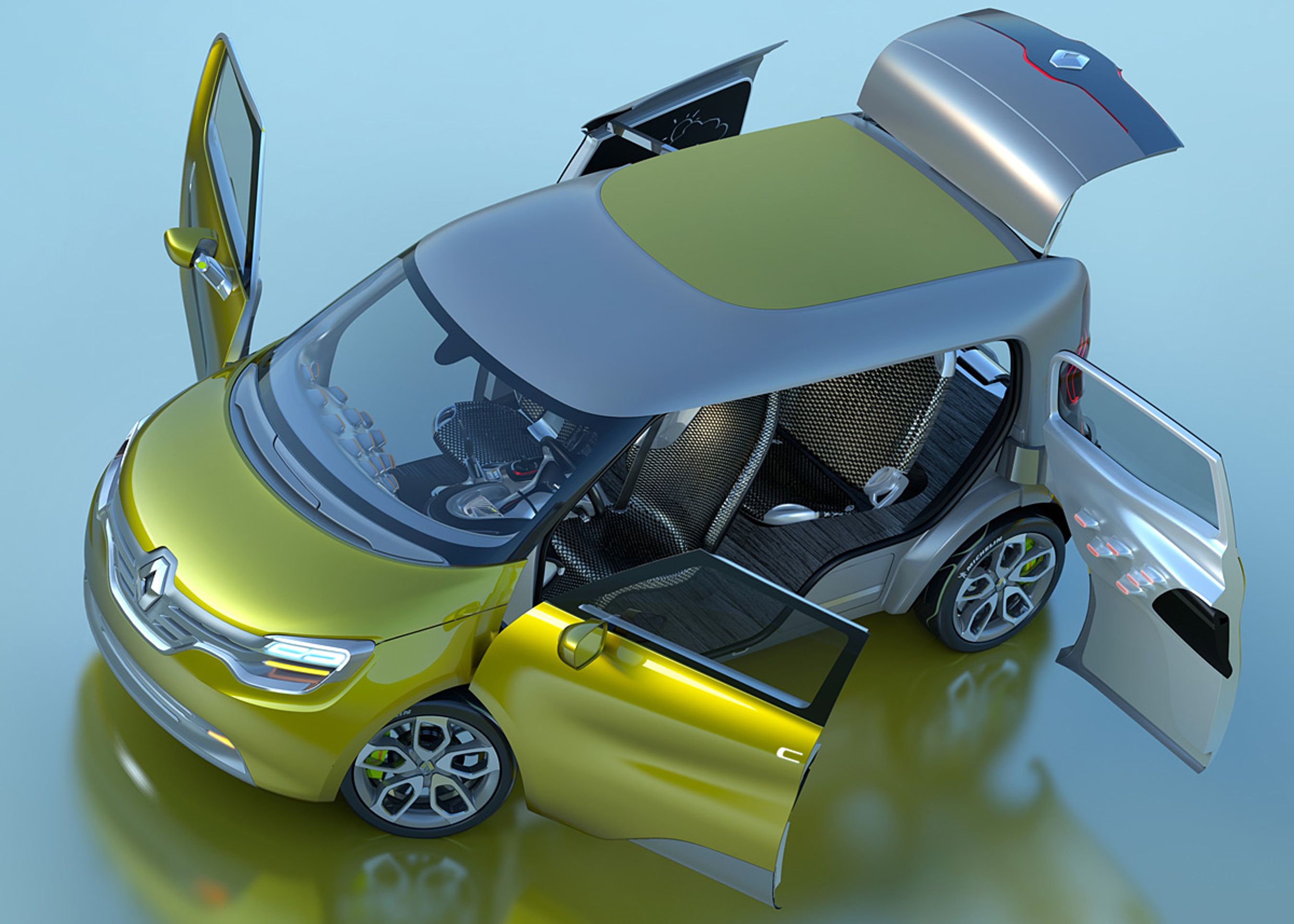 Renault Frendzy har interessante dør-løsninger: I højre side er der en skyddør, og i venstre side er bagdøren baghængslet.I ingen af siderne er der nogen dørstolpe i midten.