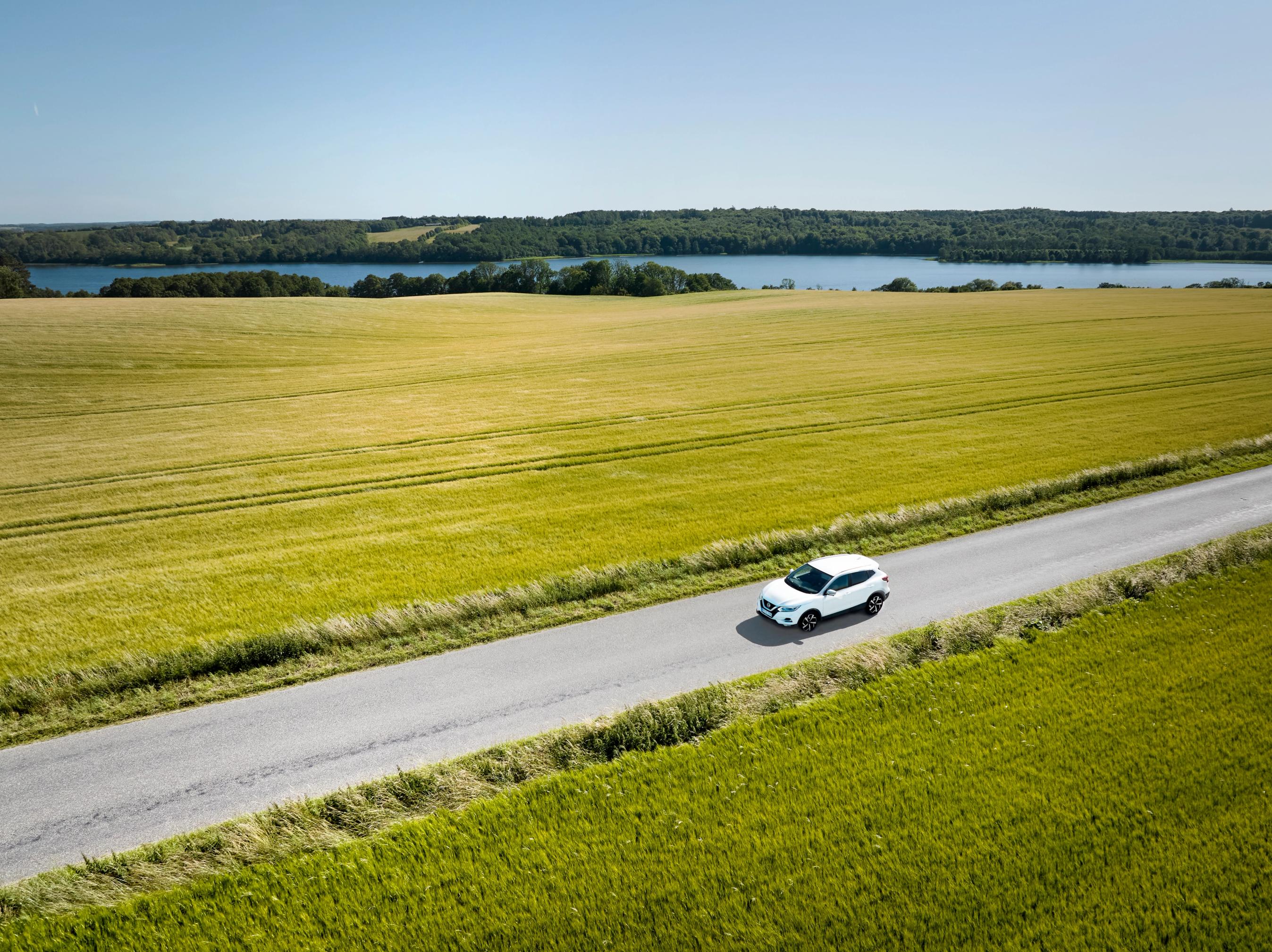 Hvid bil på en vej imellem marker