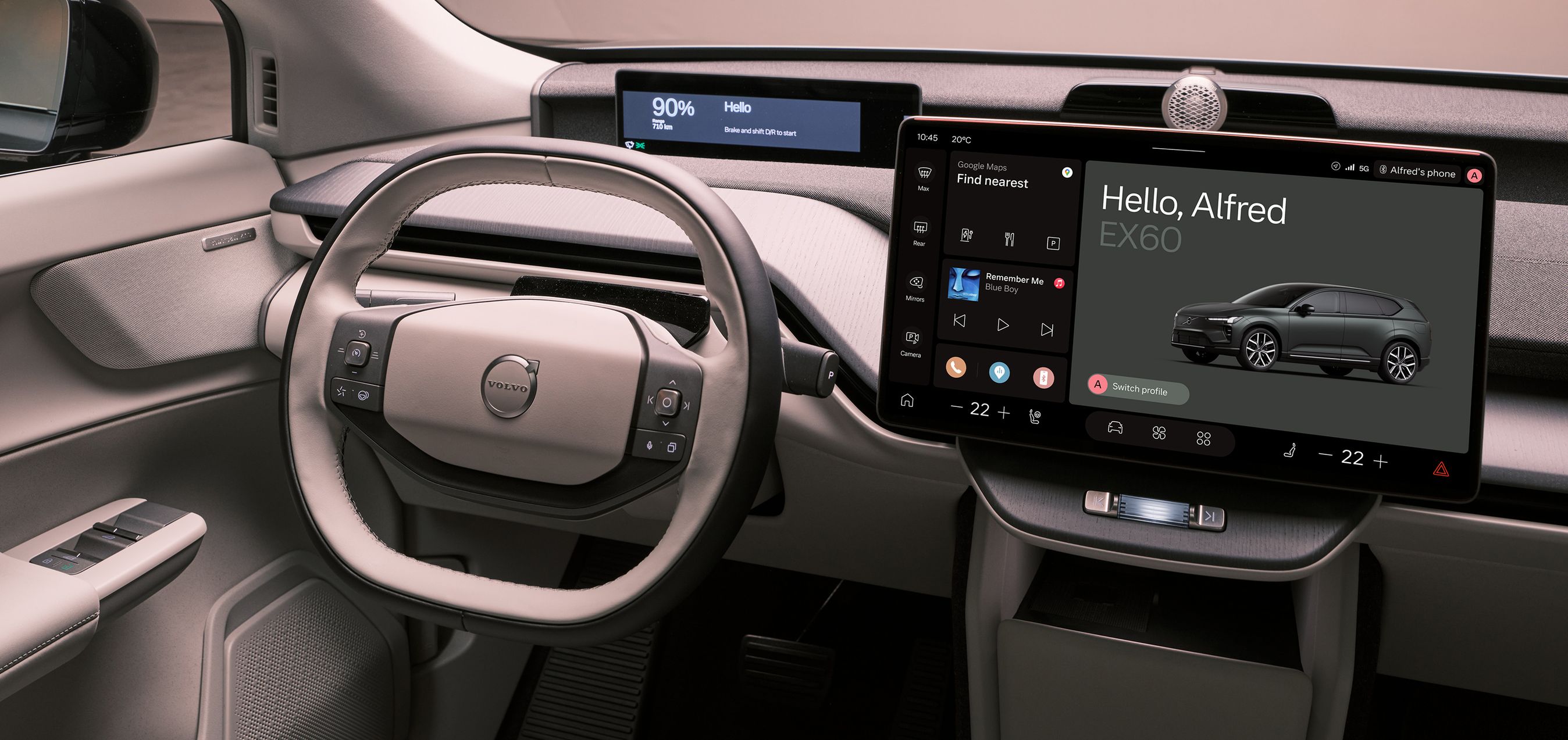 Beigefarvet førerplads i Volvo EX60.