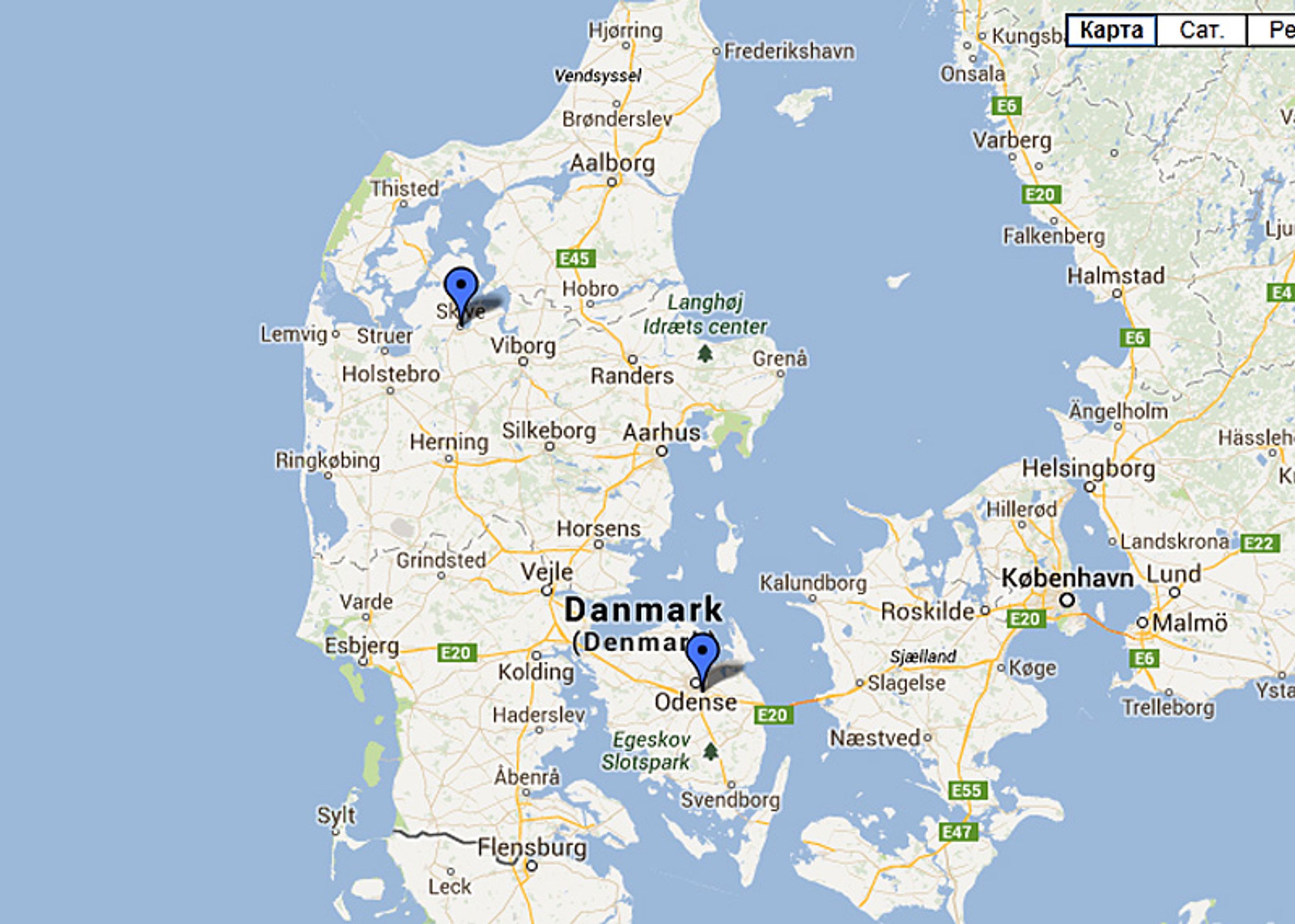 Når udenlandske bilister kigger på europakortet over CNG-stationer i Danmark, mødes de af dette sparsomme udbud.