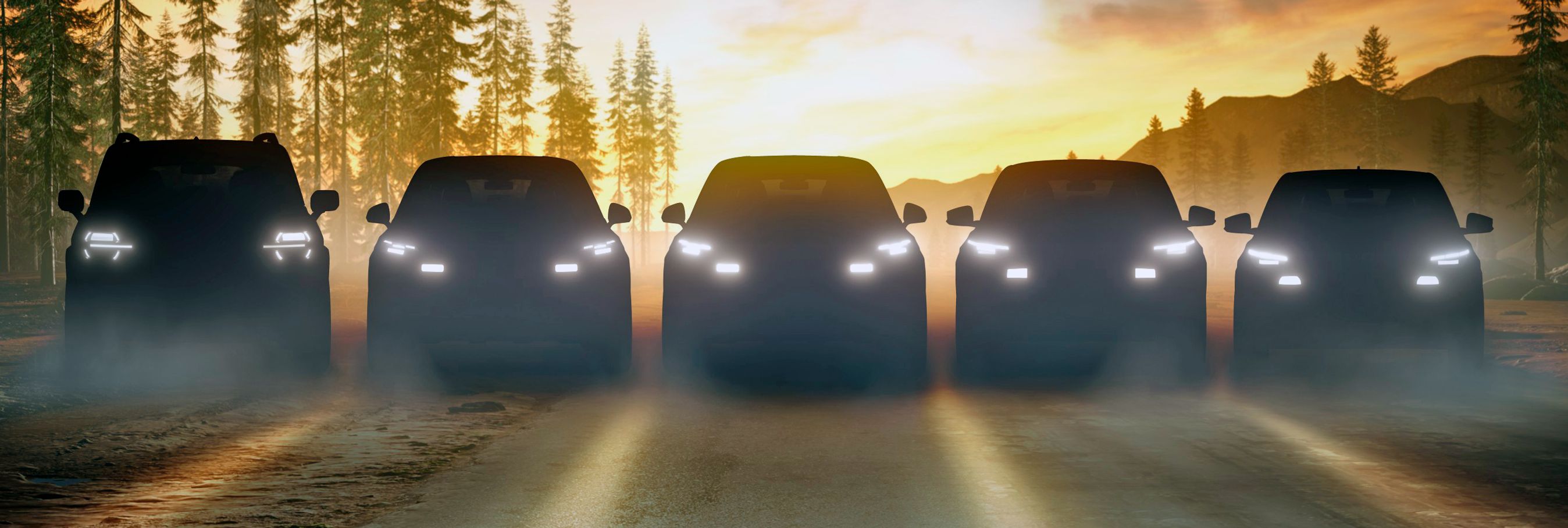 Fem Ford-modeller forfra i modlys og helt mørke.