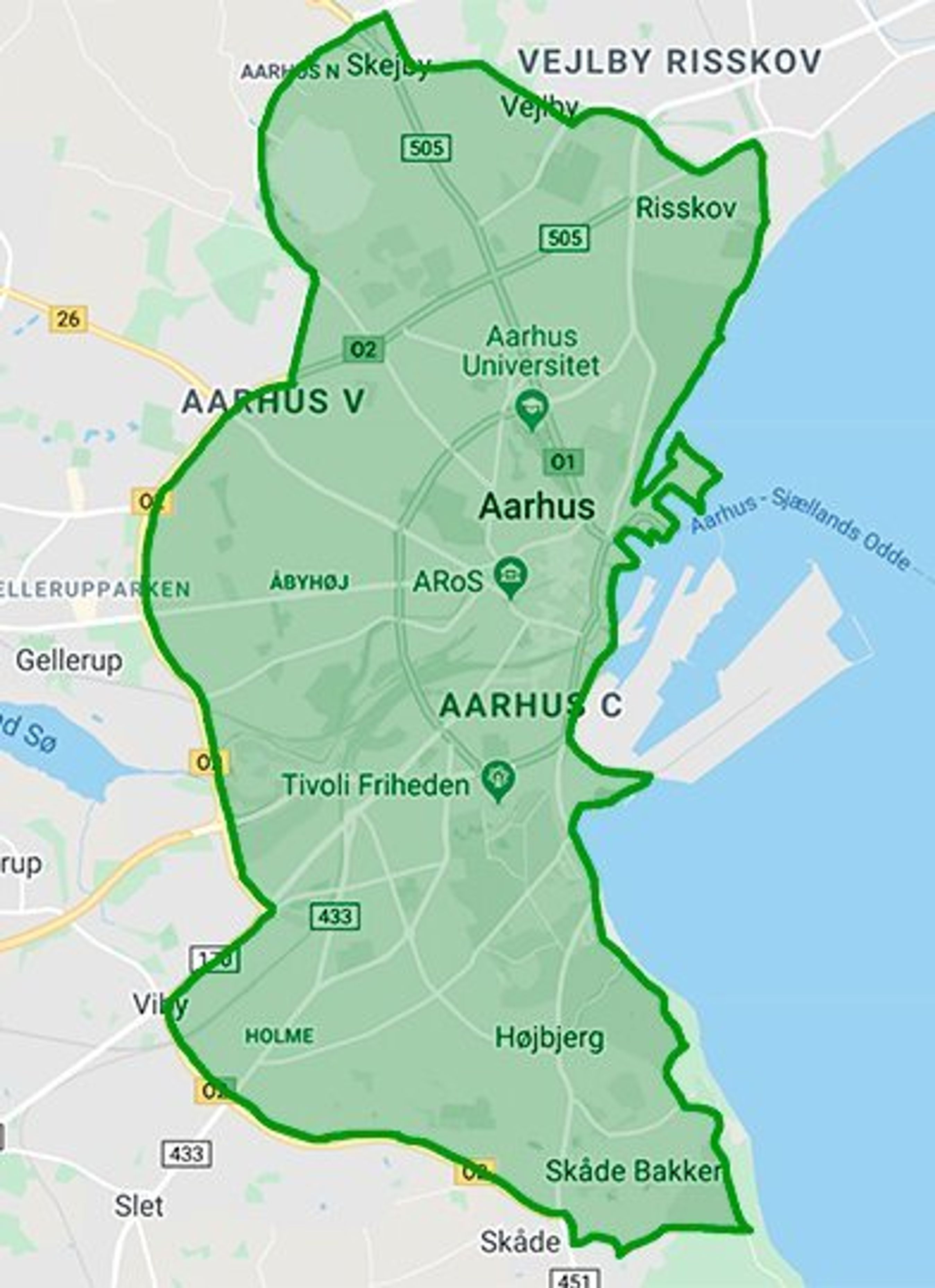 Zonen dækker hele Aarhus by inden for Ringvejen (Ring 2) – tilsat store områder i Vejby og Skejby.