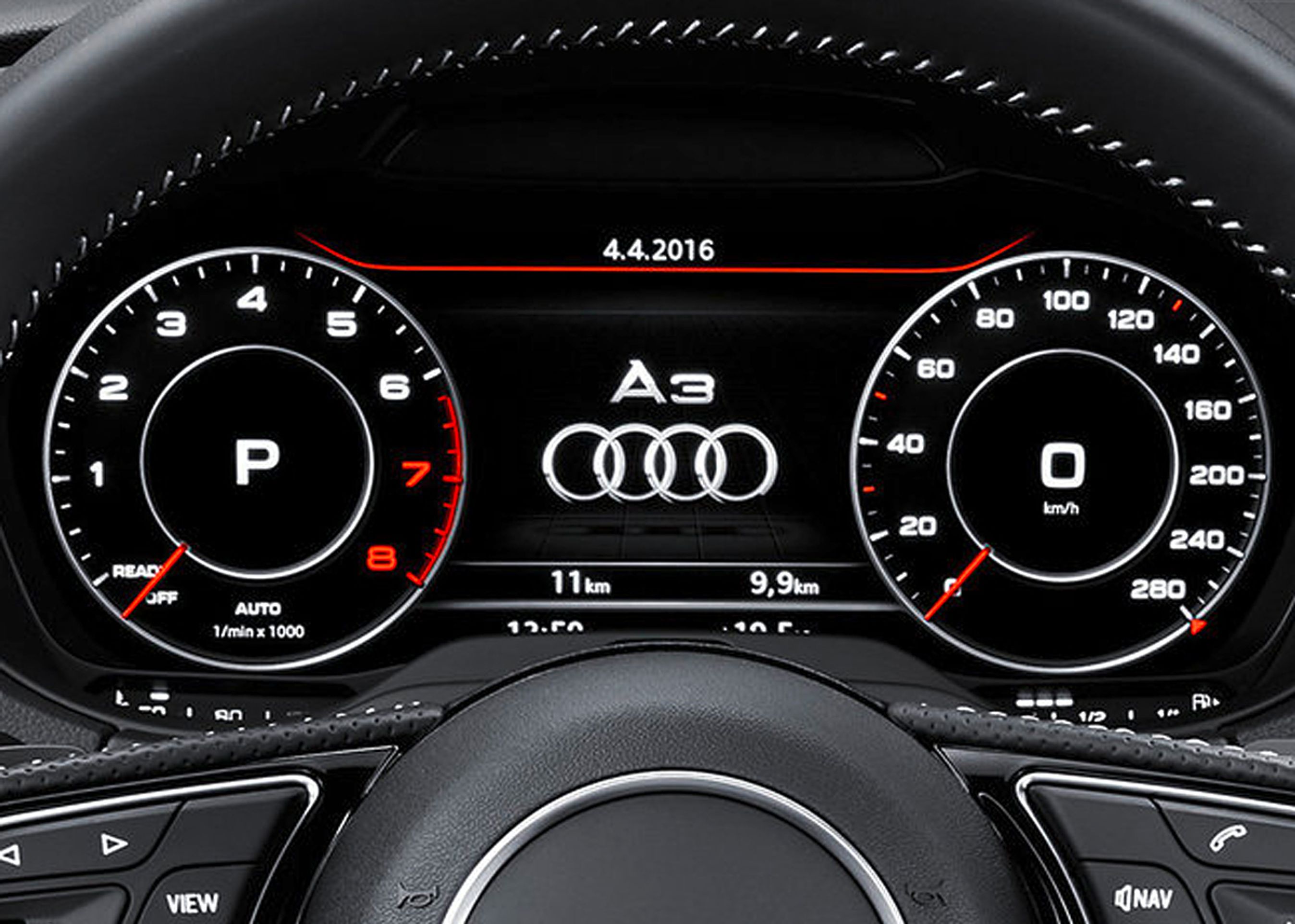 A3 fås med "virtual cockpit" kendt fra TT og A4. Her er det den klassiske indstilling.