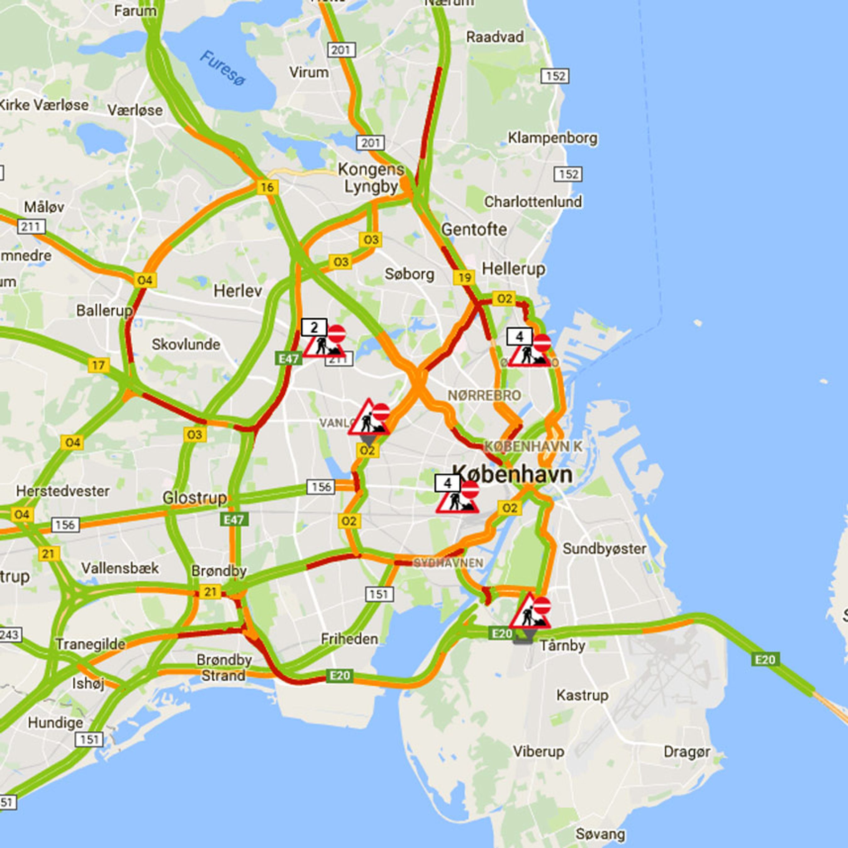 En almindelig torsdag morgen kl. 8.46. M3 har lange orange og røde sektioner på den nordlige del. Foto fra Vejdirektoratets trafikkort