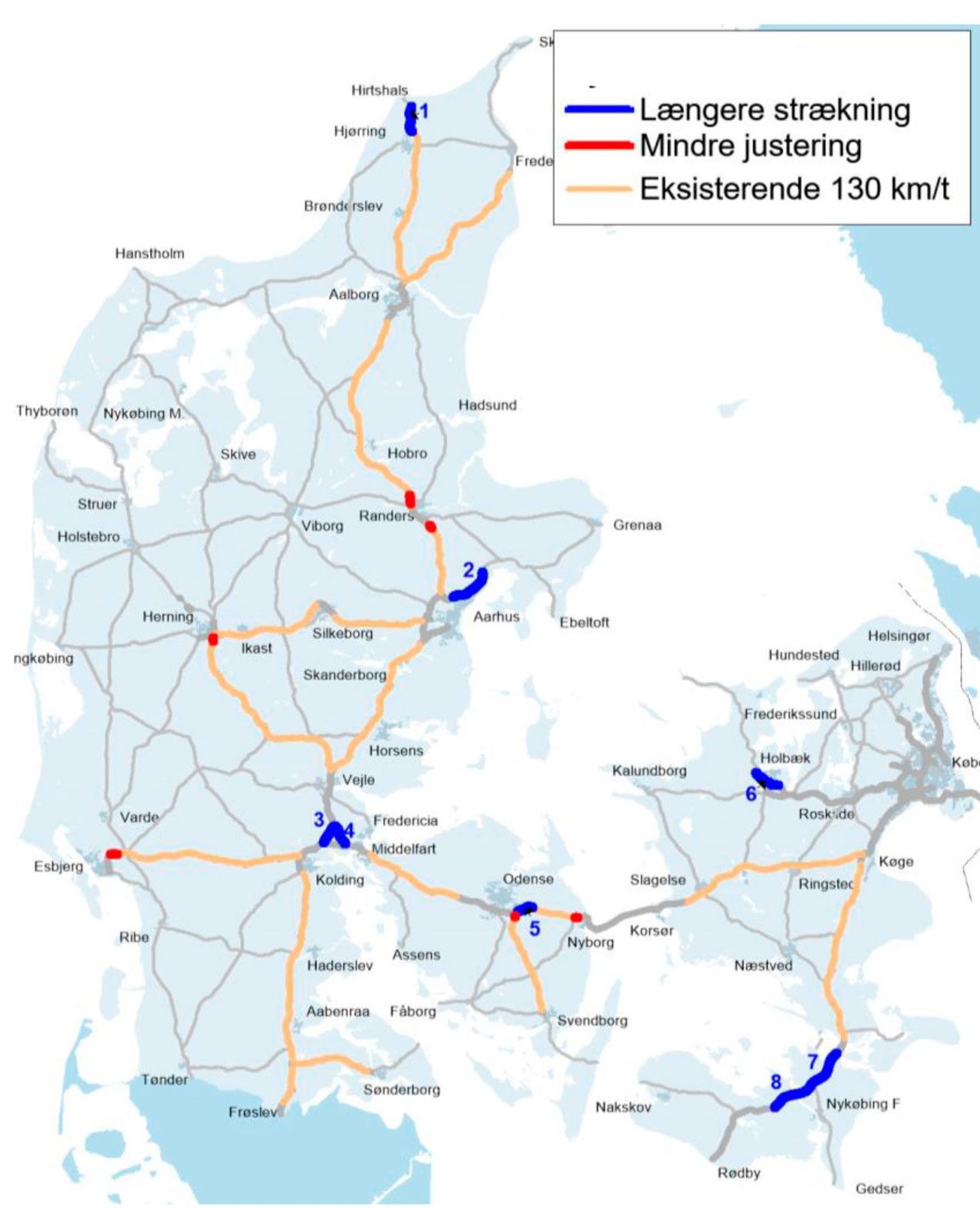 Den politiske beslutning fra 2018 gik ud på at fjerne 110-begrænsningen på disse strækninger. Alle er nu gennemført, efter at Vejdirektoratet har udbedret de berørte strækninger. Dog er de korte strækninger ved Randers droppet. Kort: Vejdirektoratet