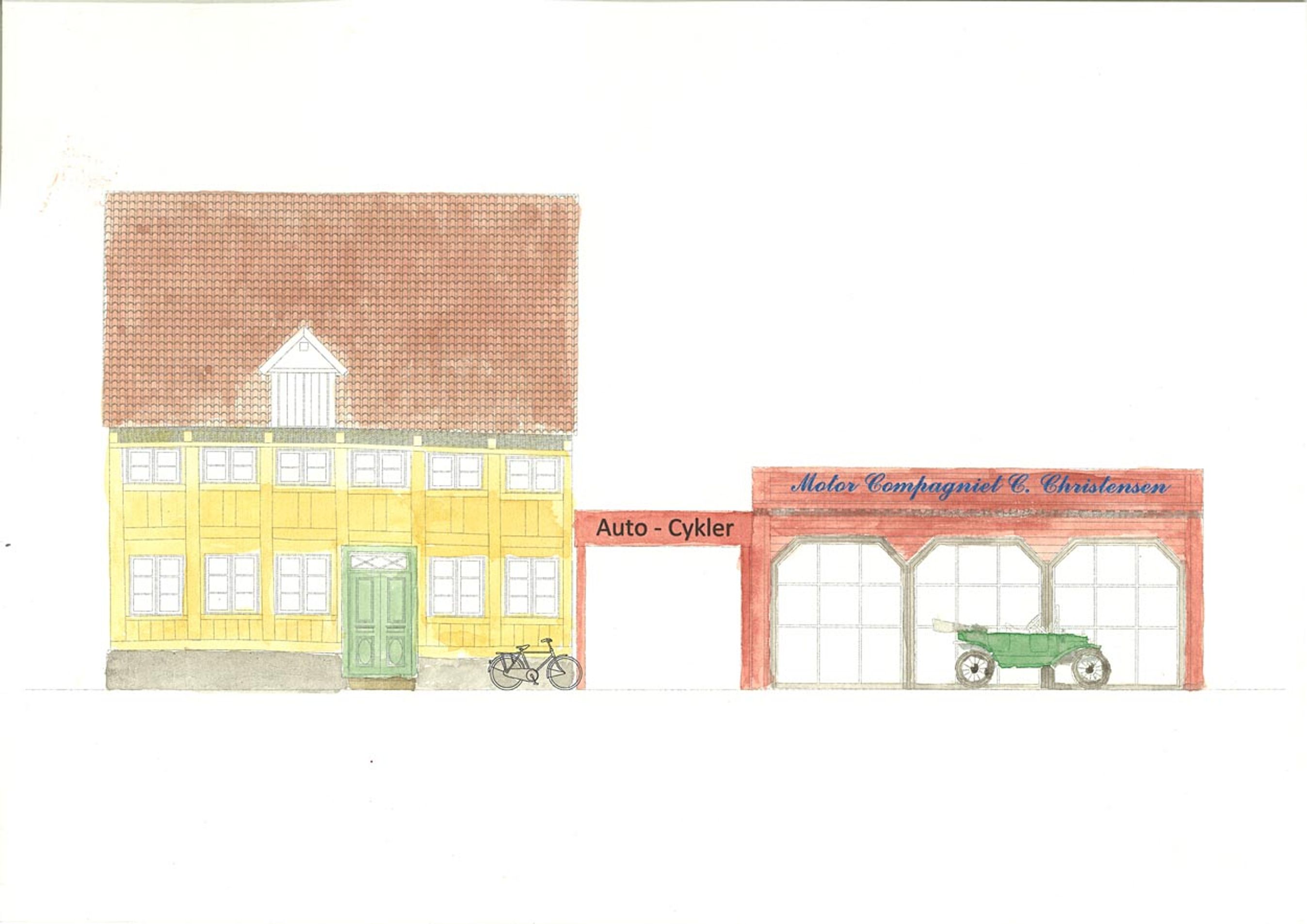 Her er en tegning af Motor Compagniet fra Den Gamle By i Aarhus.