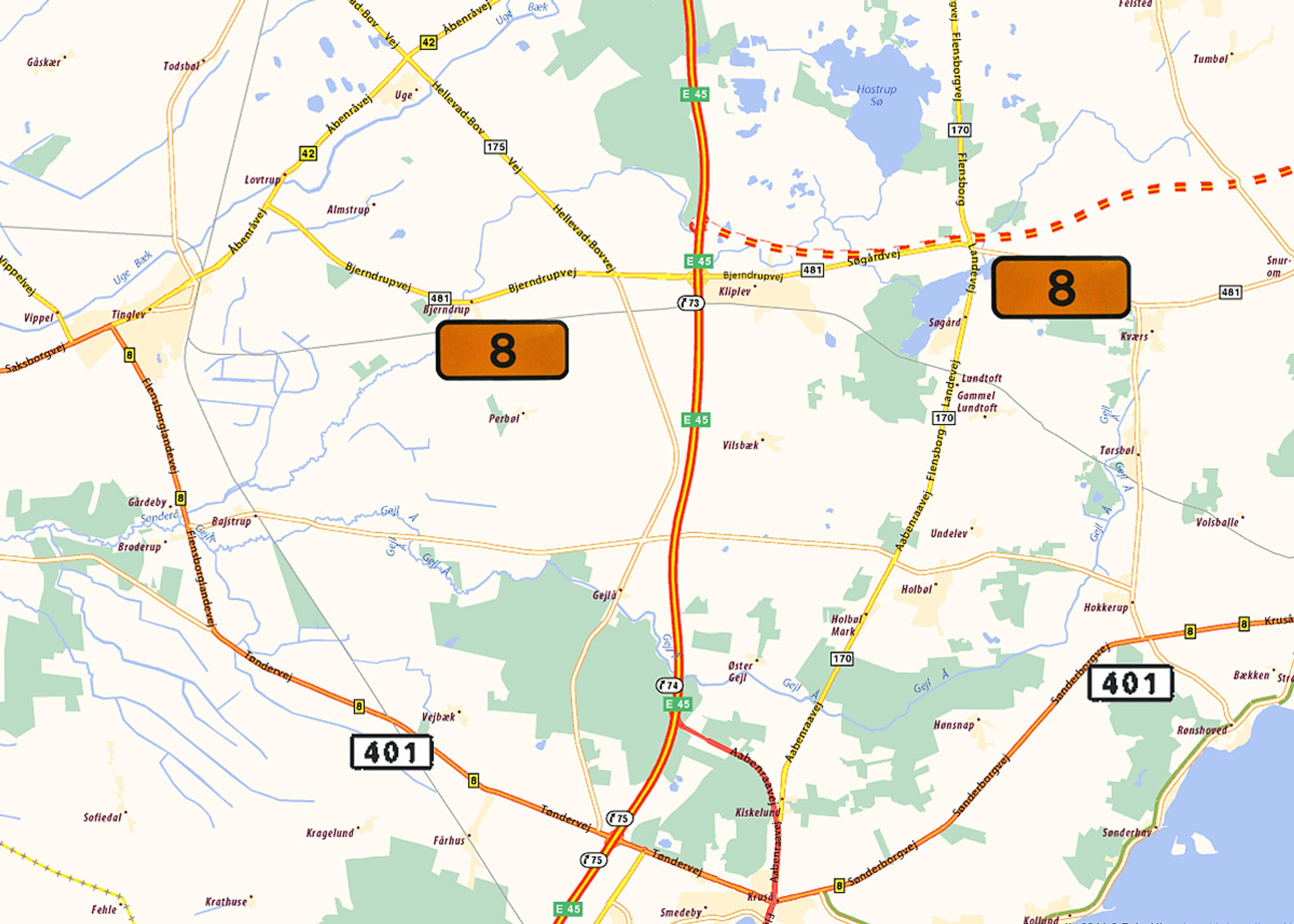 Sønderborgmotorvejen (stiplet) får rutenummer 8, og rute 8 fortsætter fremover mod vest til Tinglev (og som nu til Tønder). Den nuværende 8'er længere mod syd omdøbes til rute 401.