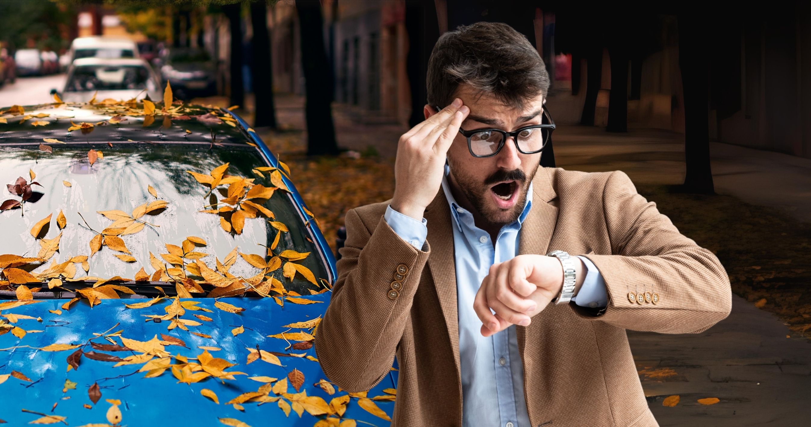 Mand ved parkeret bil ser forskrækket på sit ur