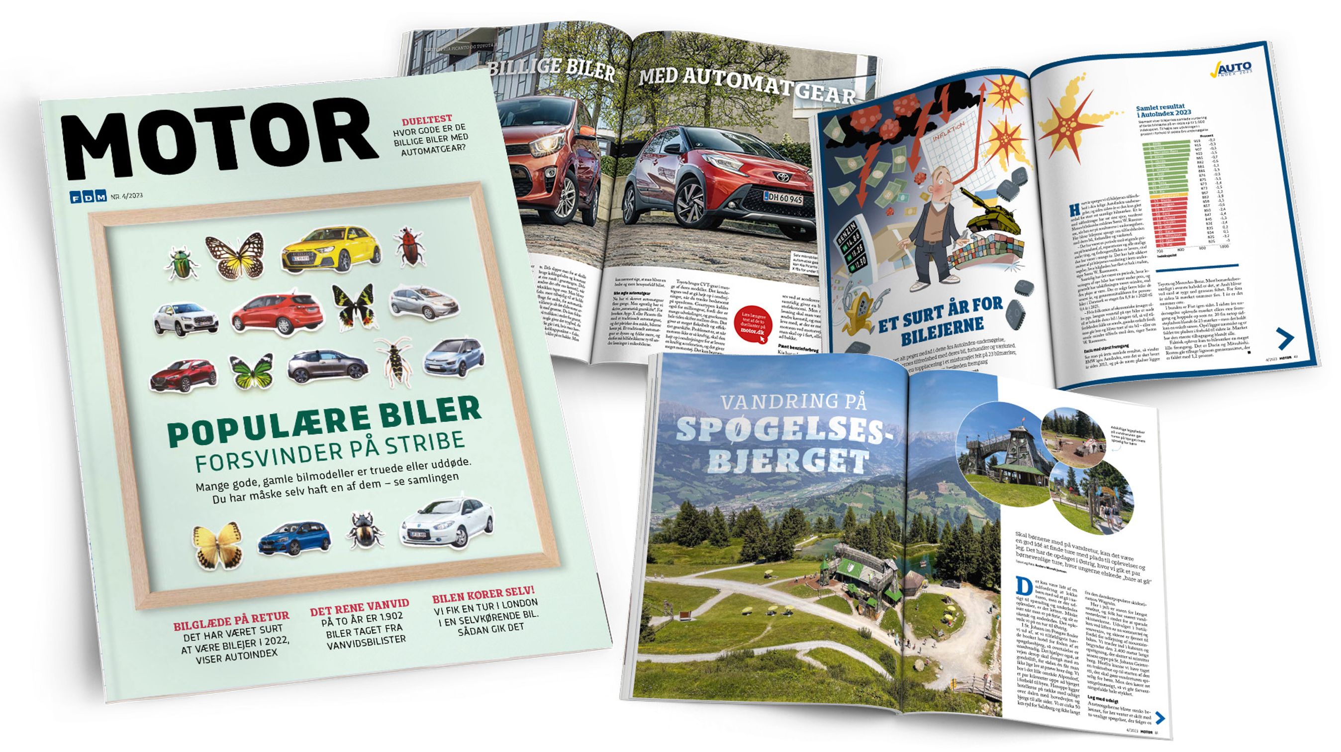 Kollage med forside og artikler fra Motor 4/2023