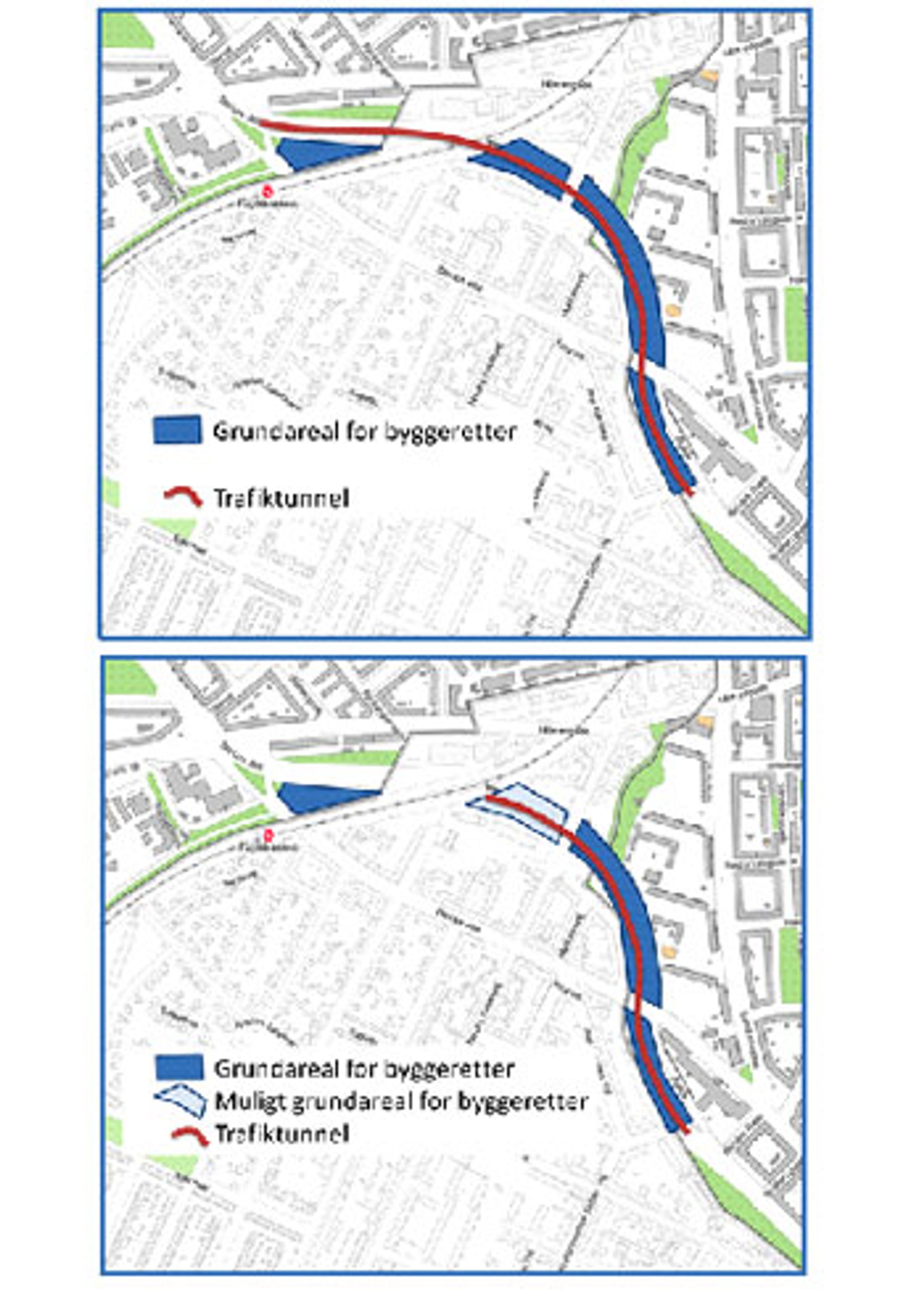 Der er lavet to foreløbige skitser til en ny tunnel. Afhængig af om det skal være en kort eller lang, bliver prisen formentlig 2,1-2,6 mia. kr.