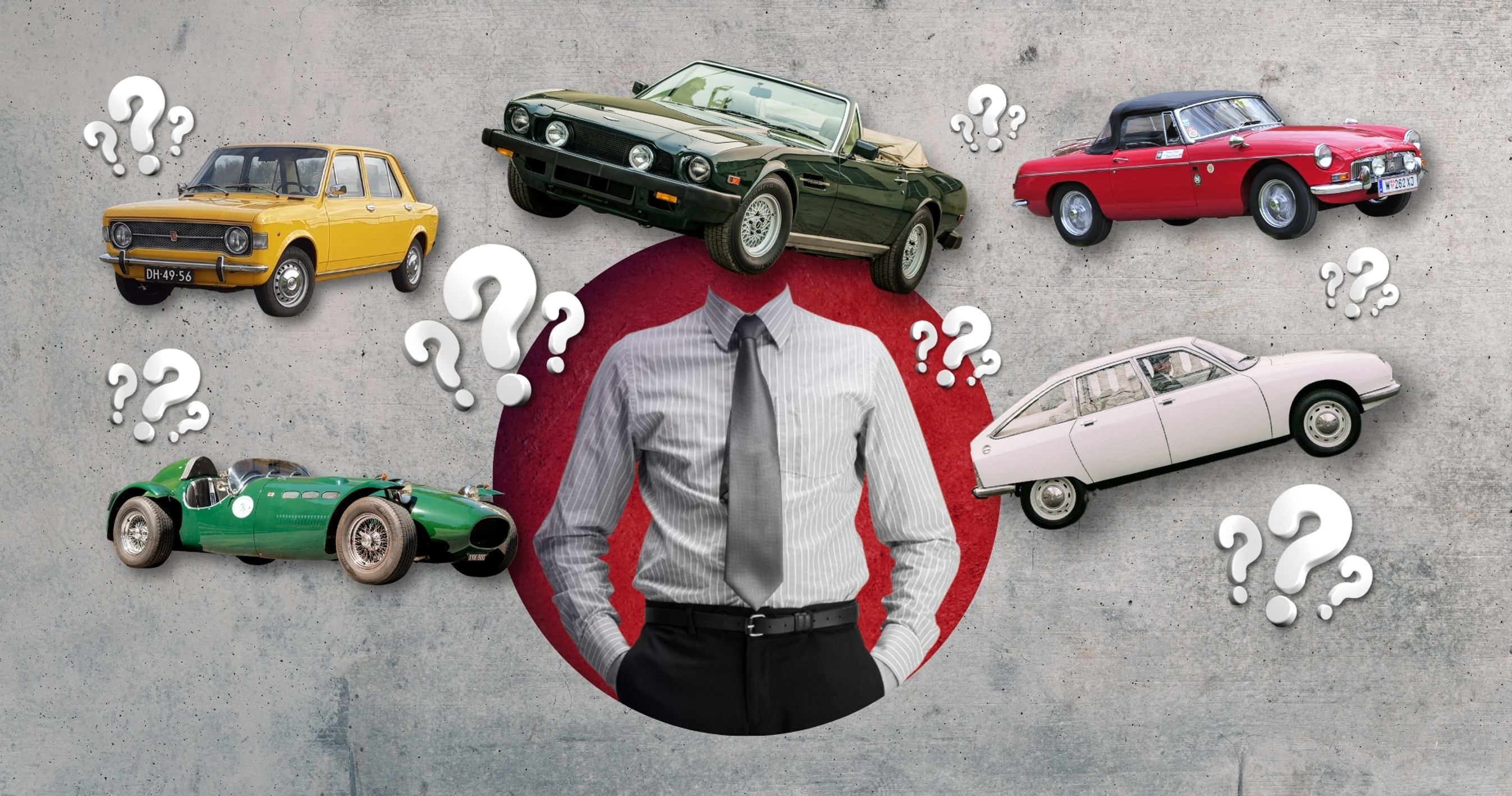Collage/illutration med mand, der har en klassisk bil som hoved