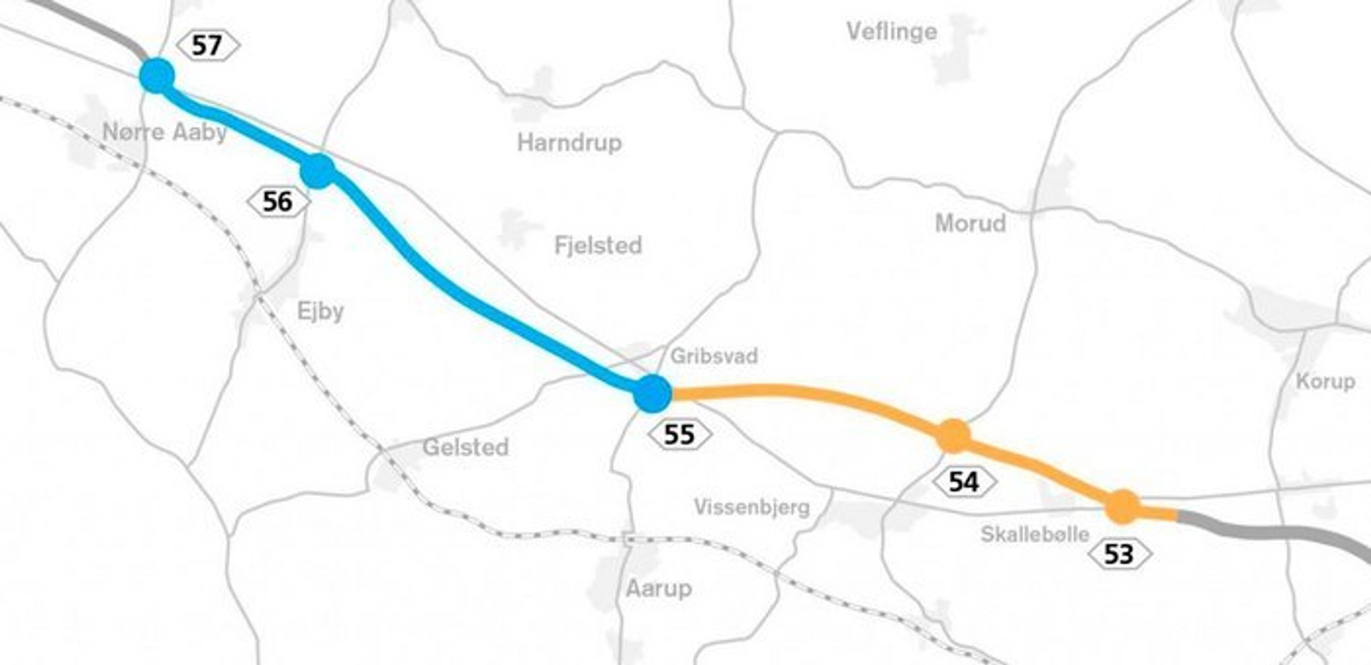 I 2021 bliver der arbejdet på den blå strækning mellem tilslutning 57 og 55. I 2022 kommer turen til den orange del.
