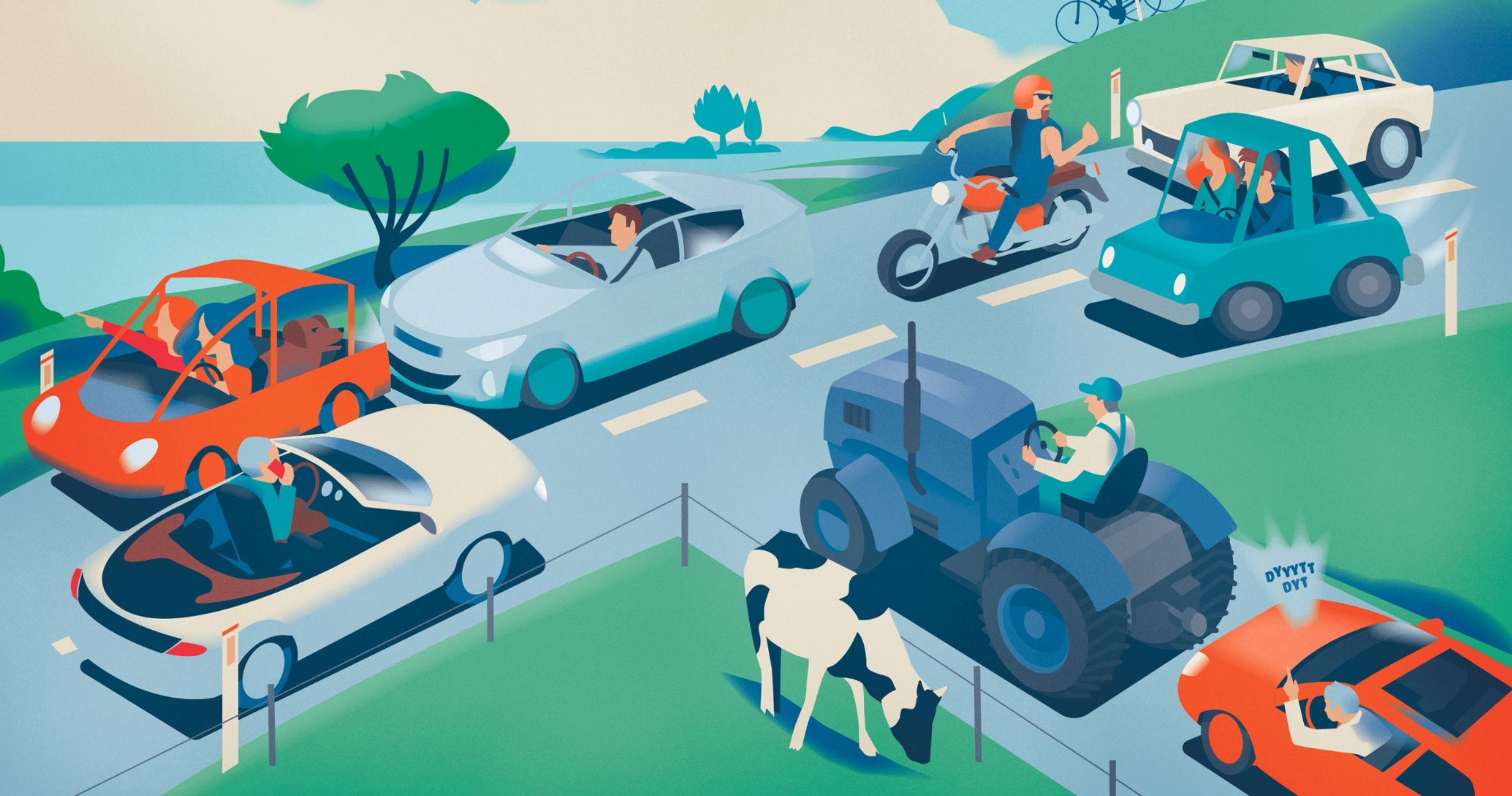 Illustration med farlige situationer på landevejen