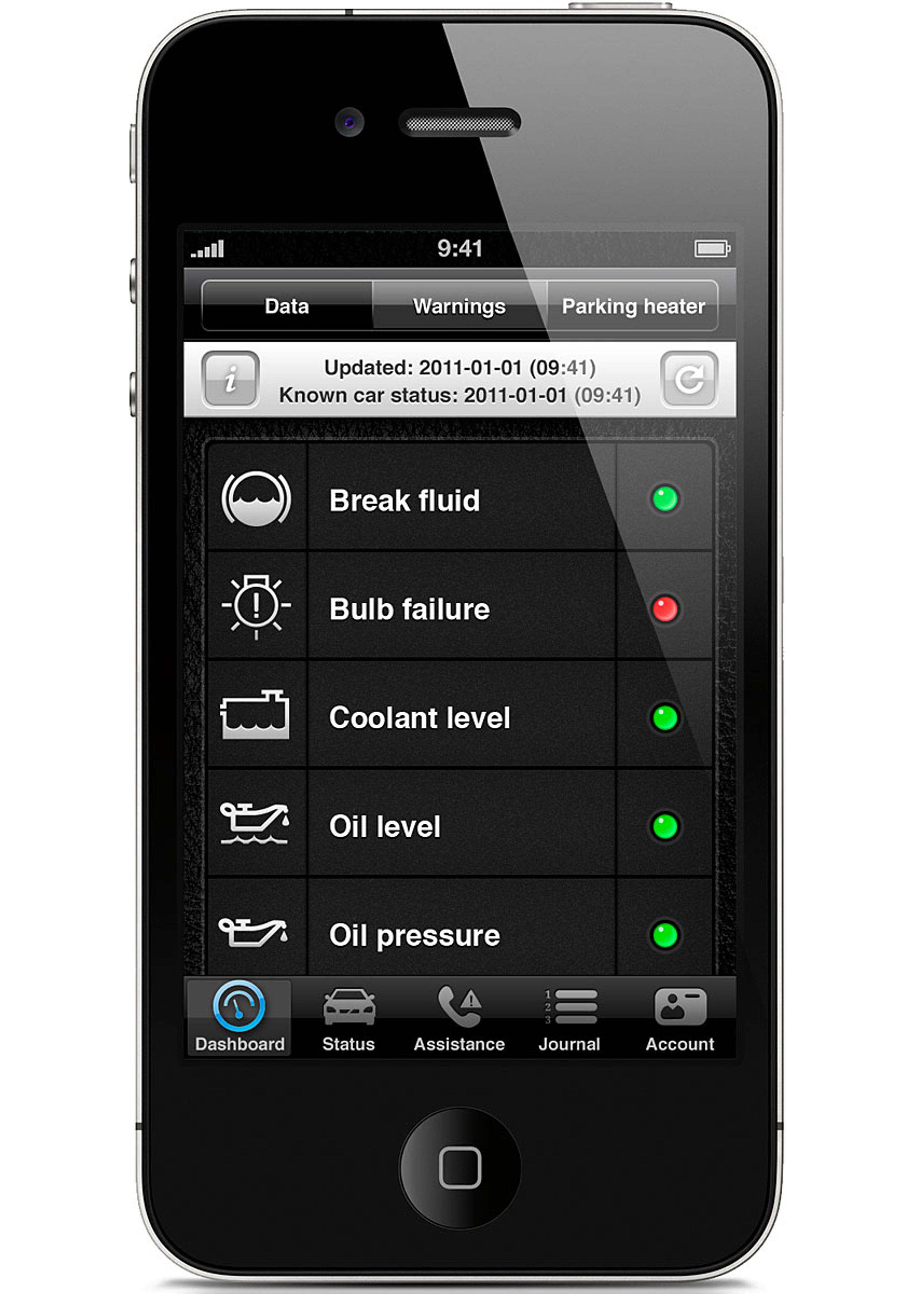 On Call-systemet gør det også muligt at tjekke en række funktioner på bilen. Her er der f.eks. en pære, der er gået.