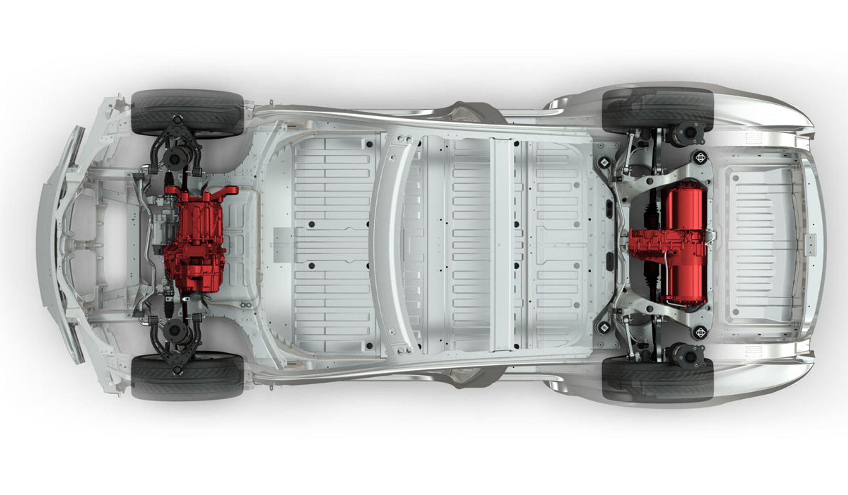 Tesla S med de to motorer markeret med rødt.